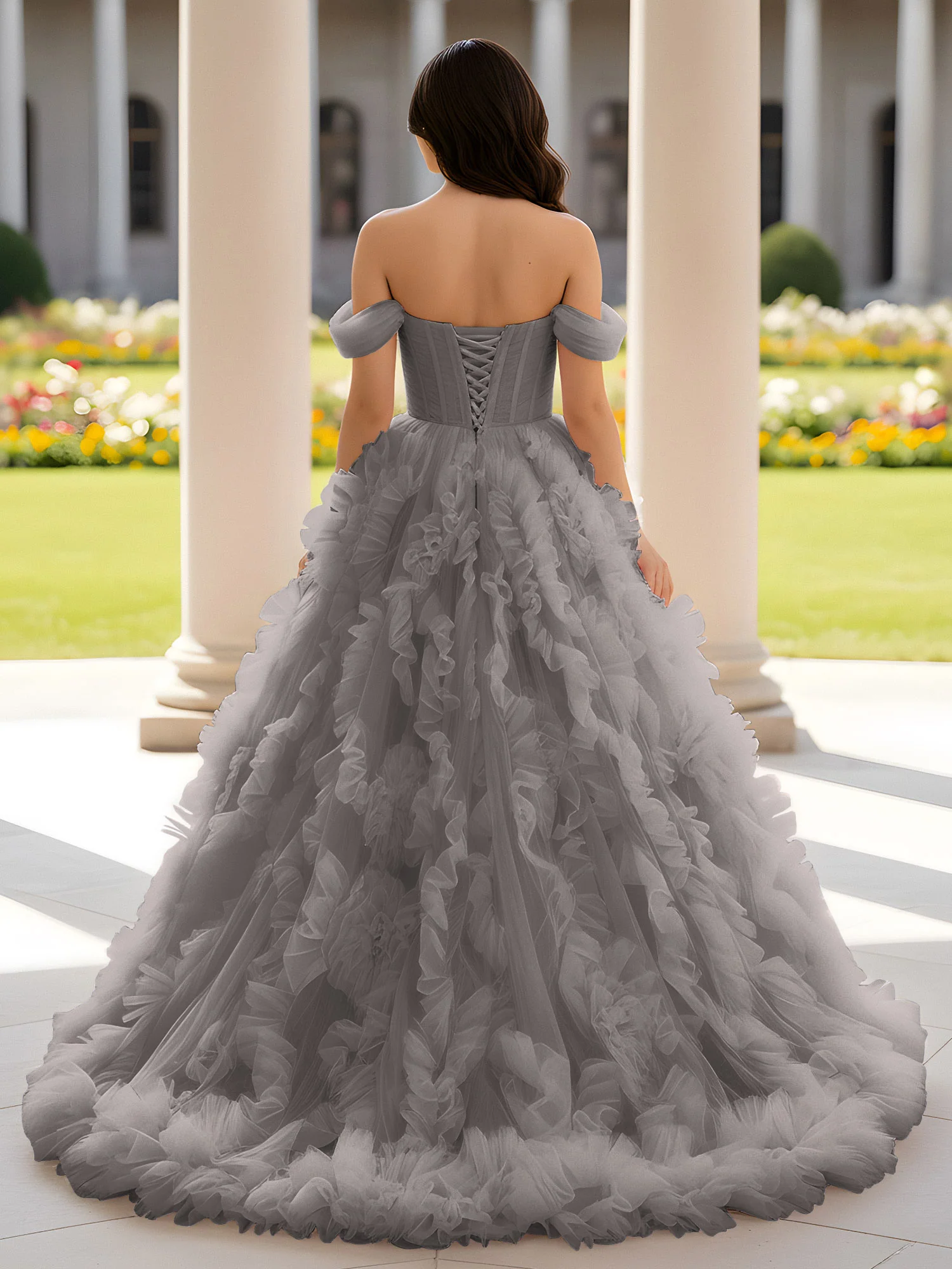 Sweetheart Off-the-shoulder Ruffle Ball Gown Sweep Train Steel Grey - Image 2