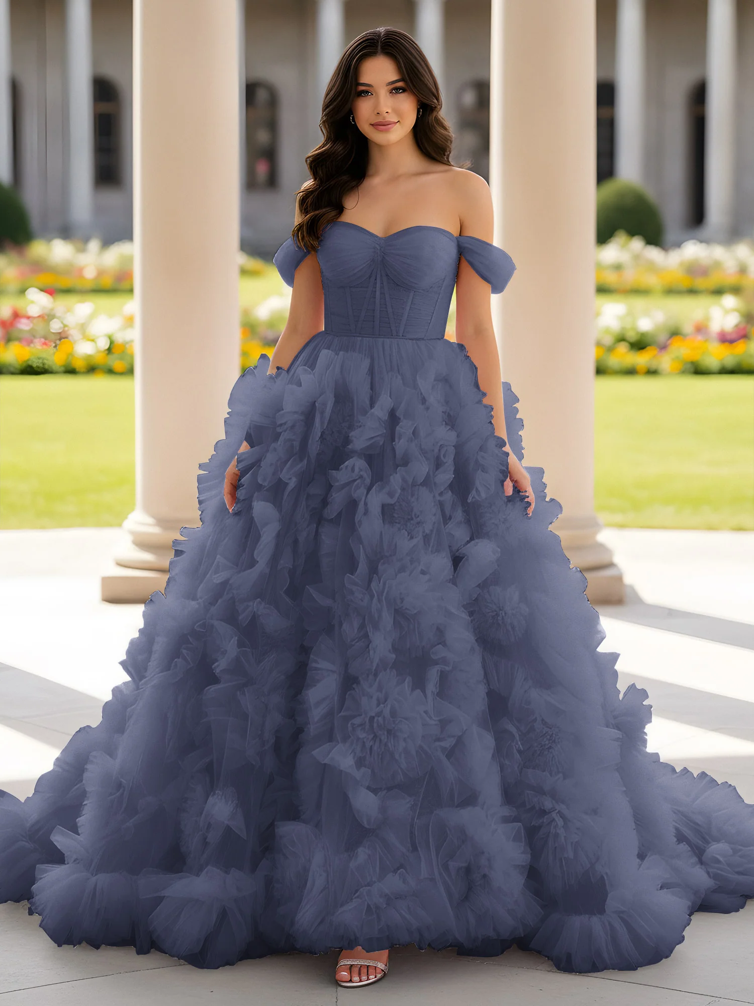 Sweetheart Off-the-shoulder Ruffle Ball Gown Sweep Train Stormy