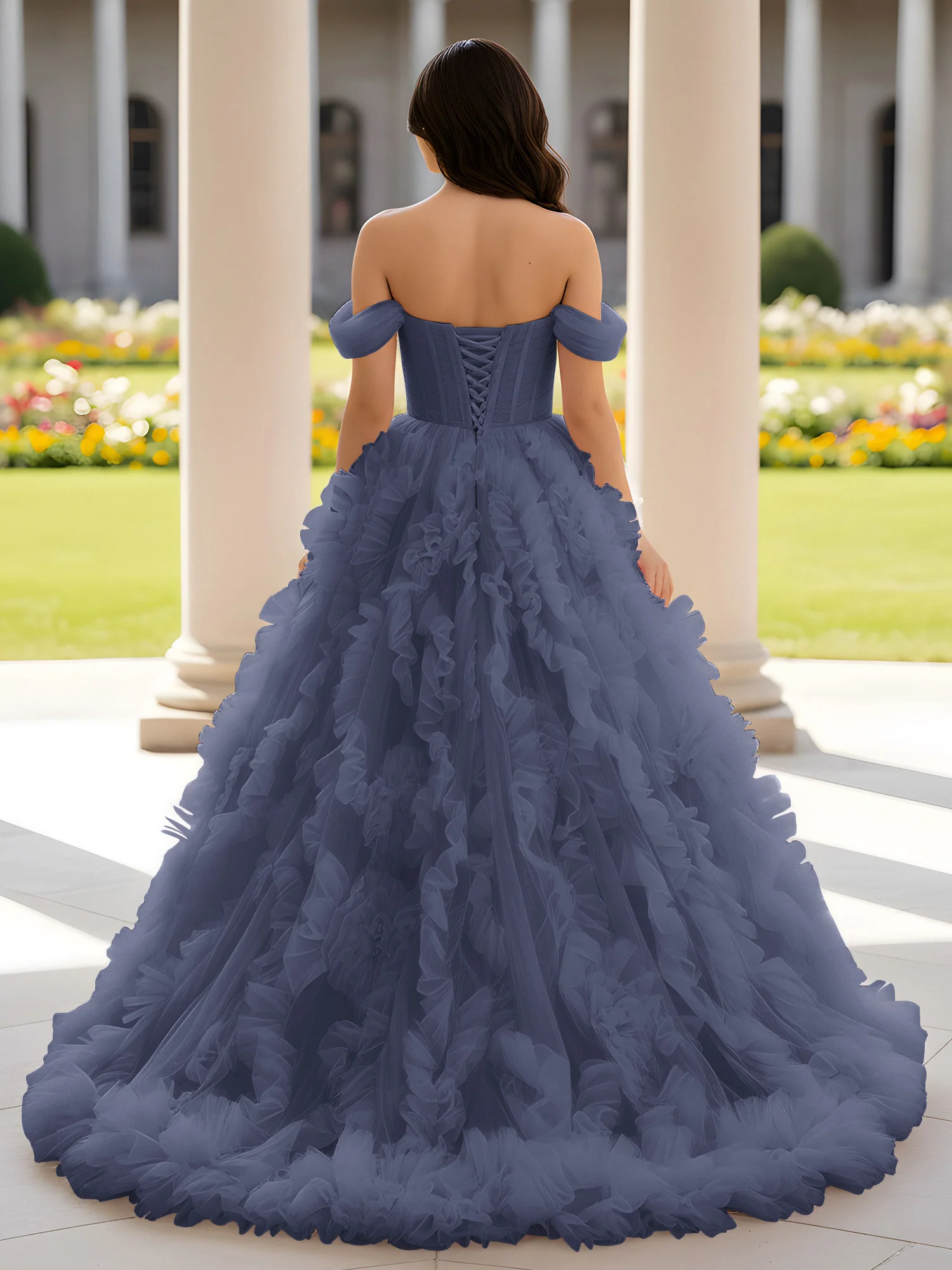 Sweetheart Off-the-shoulder Ruffle Ball Gown Sweep Train Stormy - Image 2