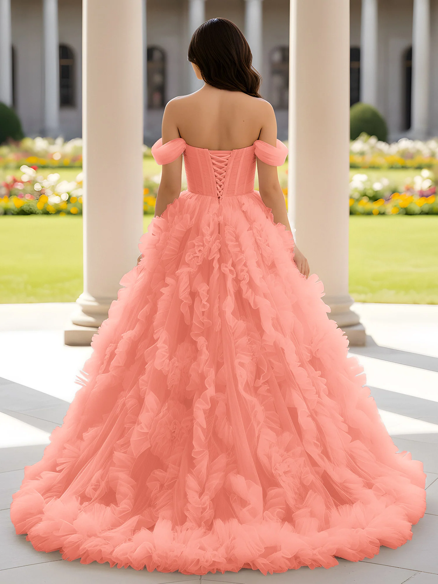 Sweetheart Off-the-shoulder Ruffle Ball Gown Sweep Train Sunset - Image 2