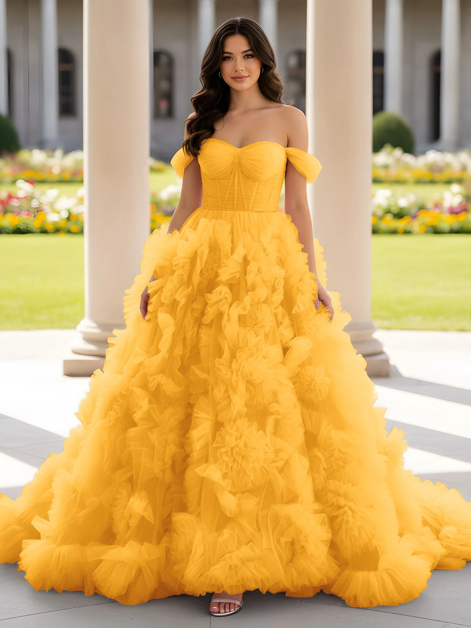 Sweetheart Off-the-shoulder Ruffle Ball Gown Sweep Train Tangerine