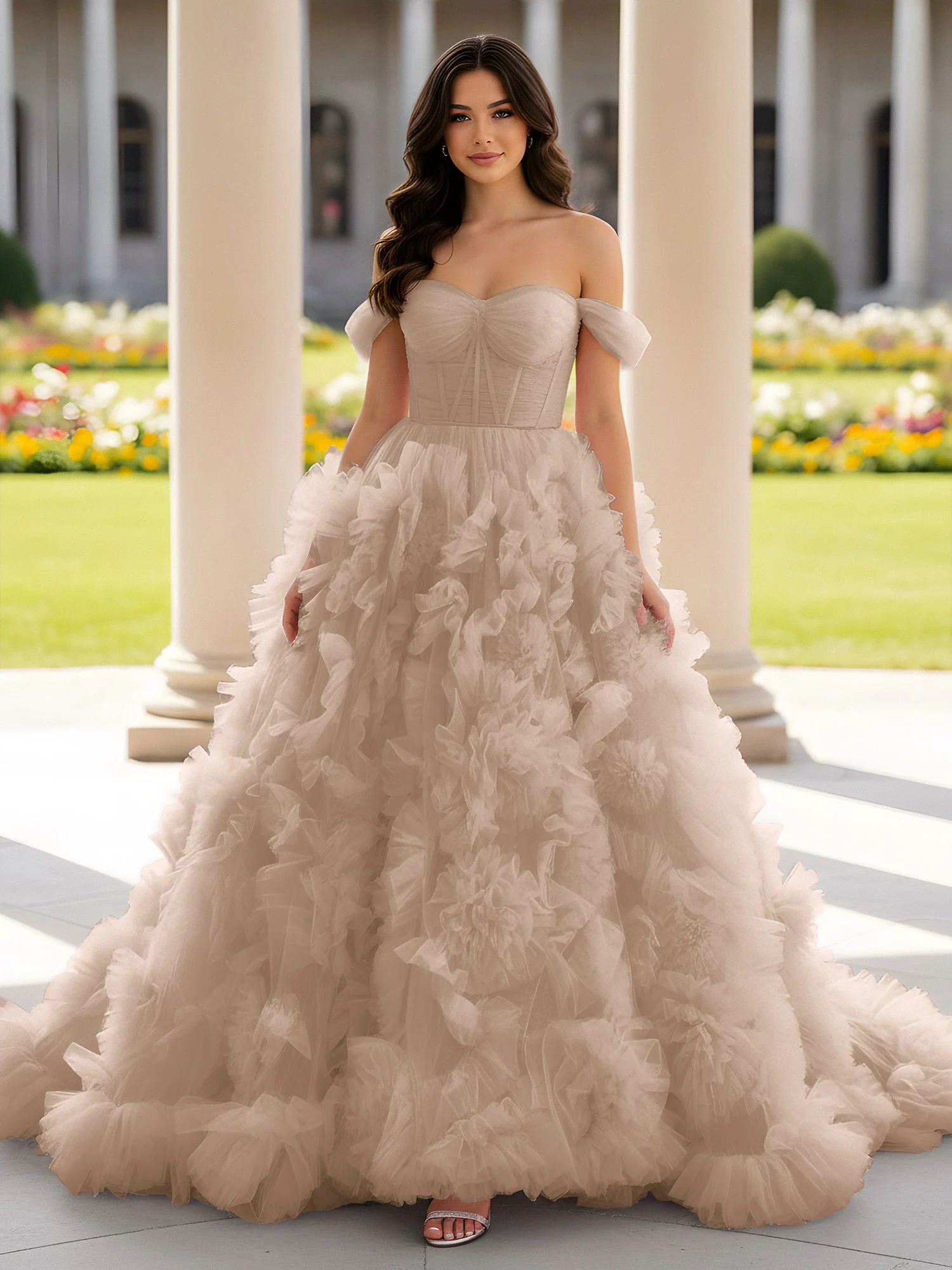 Sweetheart Off-the-shoulder Ruffle Ball Gown Sweep Train Taupe