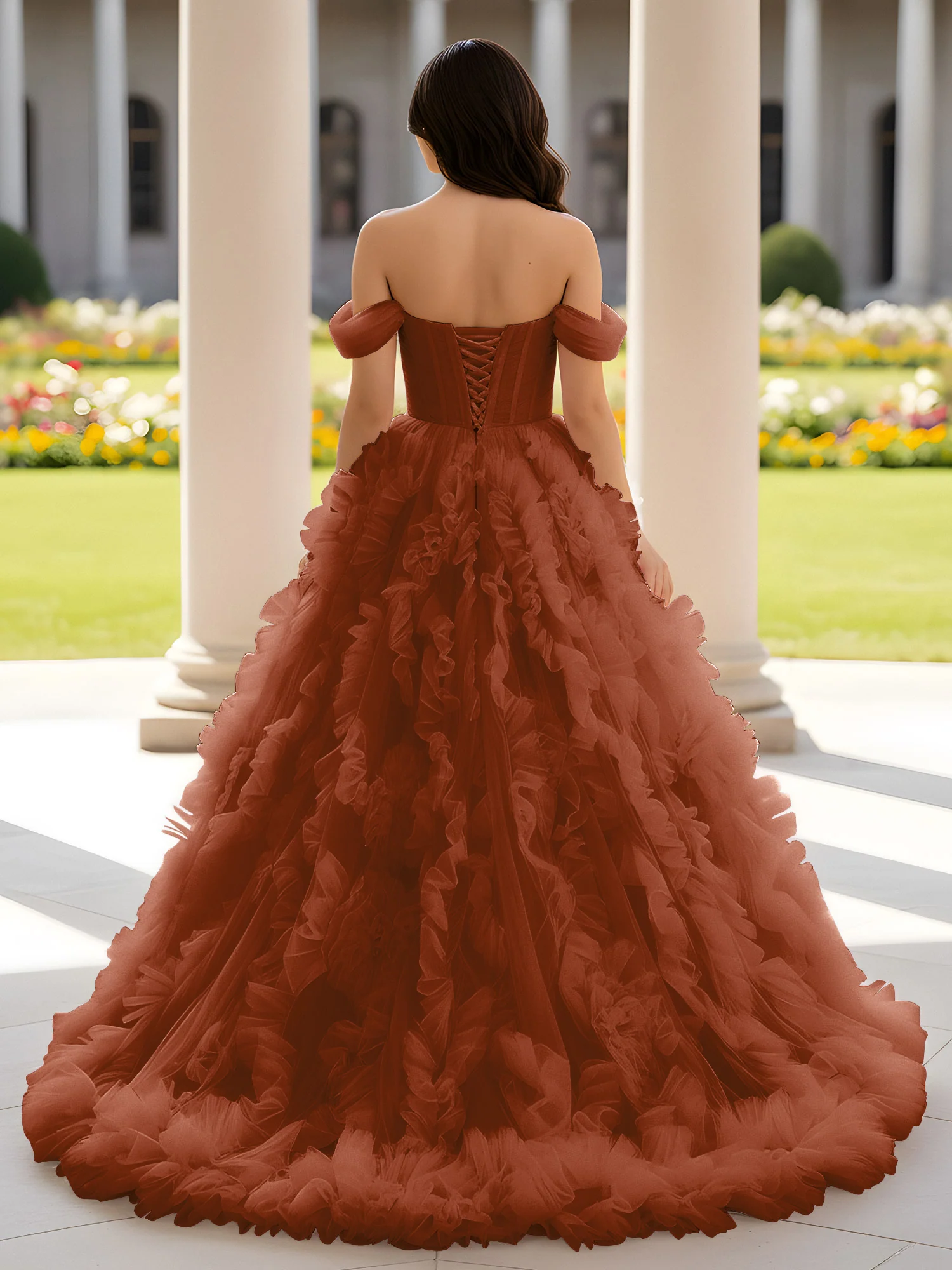 Sweetheart Off-the-shoulder Ruffle Ball Gown Sweep Train Terracotta - Image 2