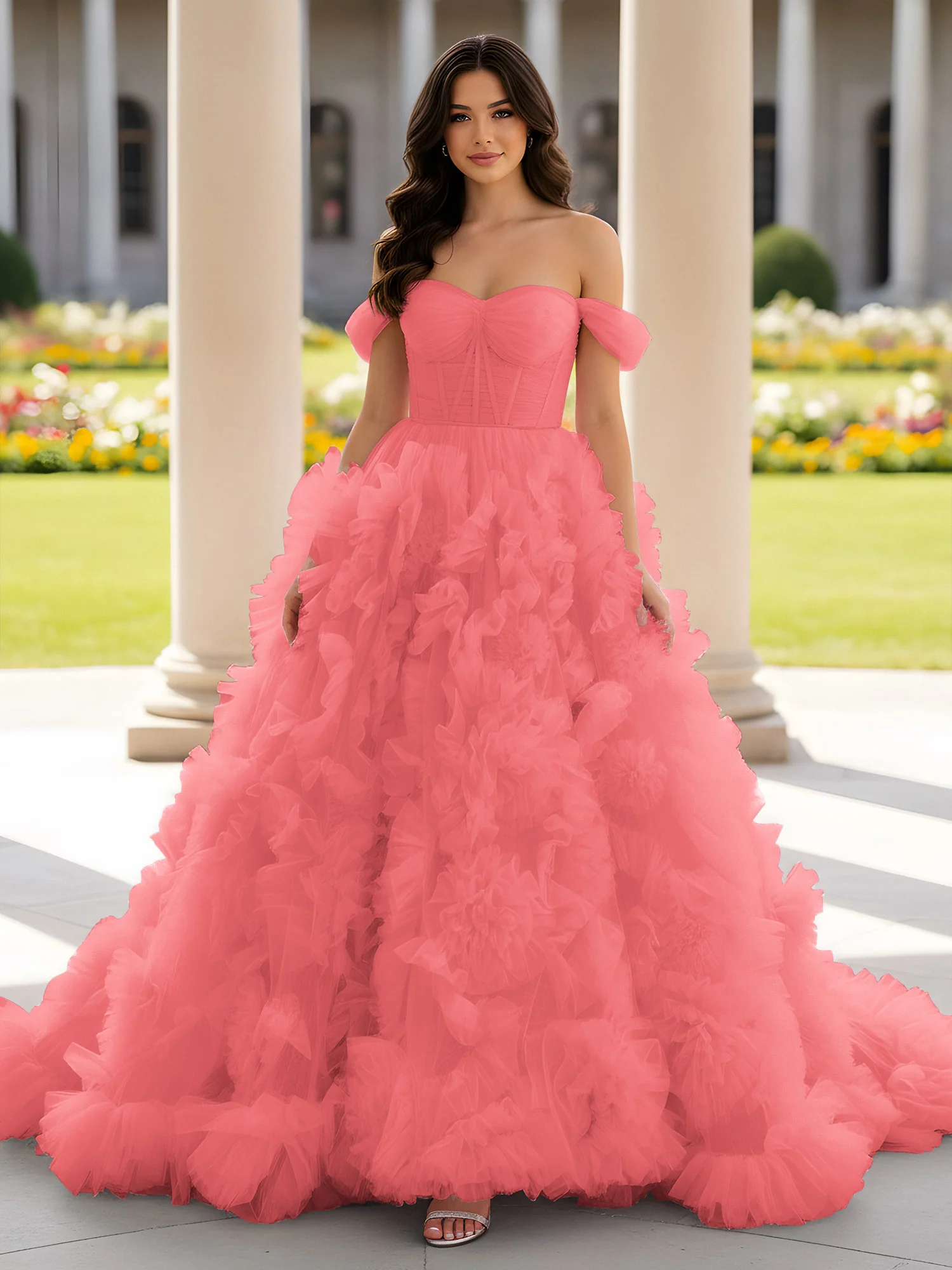 Sweetheart Off-the-shoulder Ruffle Ball Gown Sweep Train Watermelon