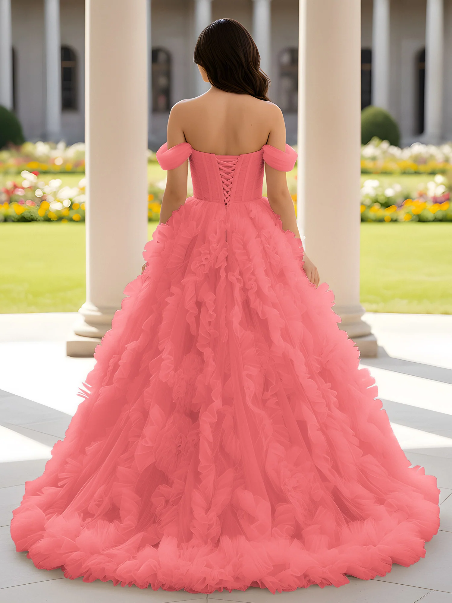 Sweetheart Off-the-shoulder Ruffle Ball Gown Sweep Train Watermelon - Image 2