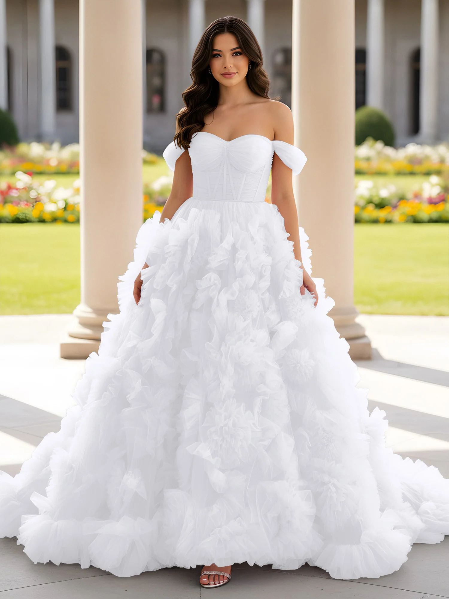 Sweetheart Off-the-shoulder Ruffle Ball Gown Sweep Train White