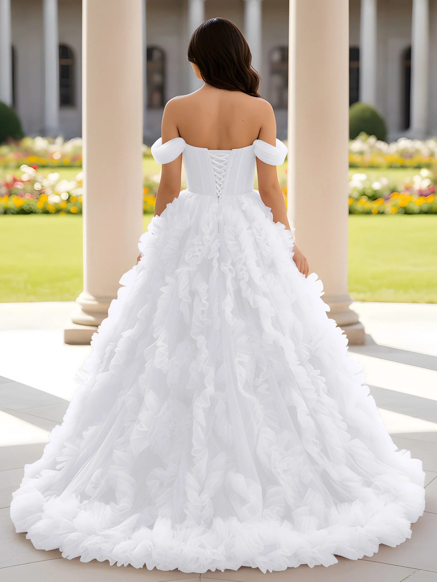 Sweetheart Off-the-shoulder Ruffle Ball Gown Sweep Train White - Image 2