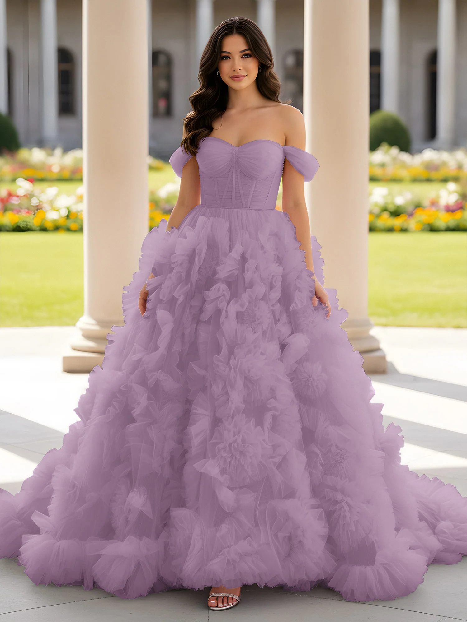 Sweetheart Off-the-shoulder Ruffle Ball Gown Sweep Train Wisteria