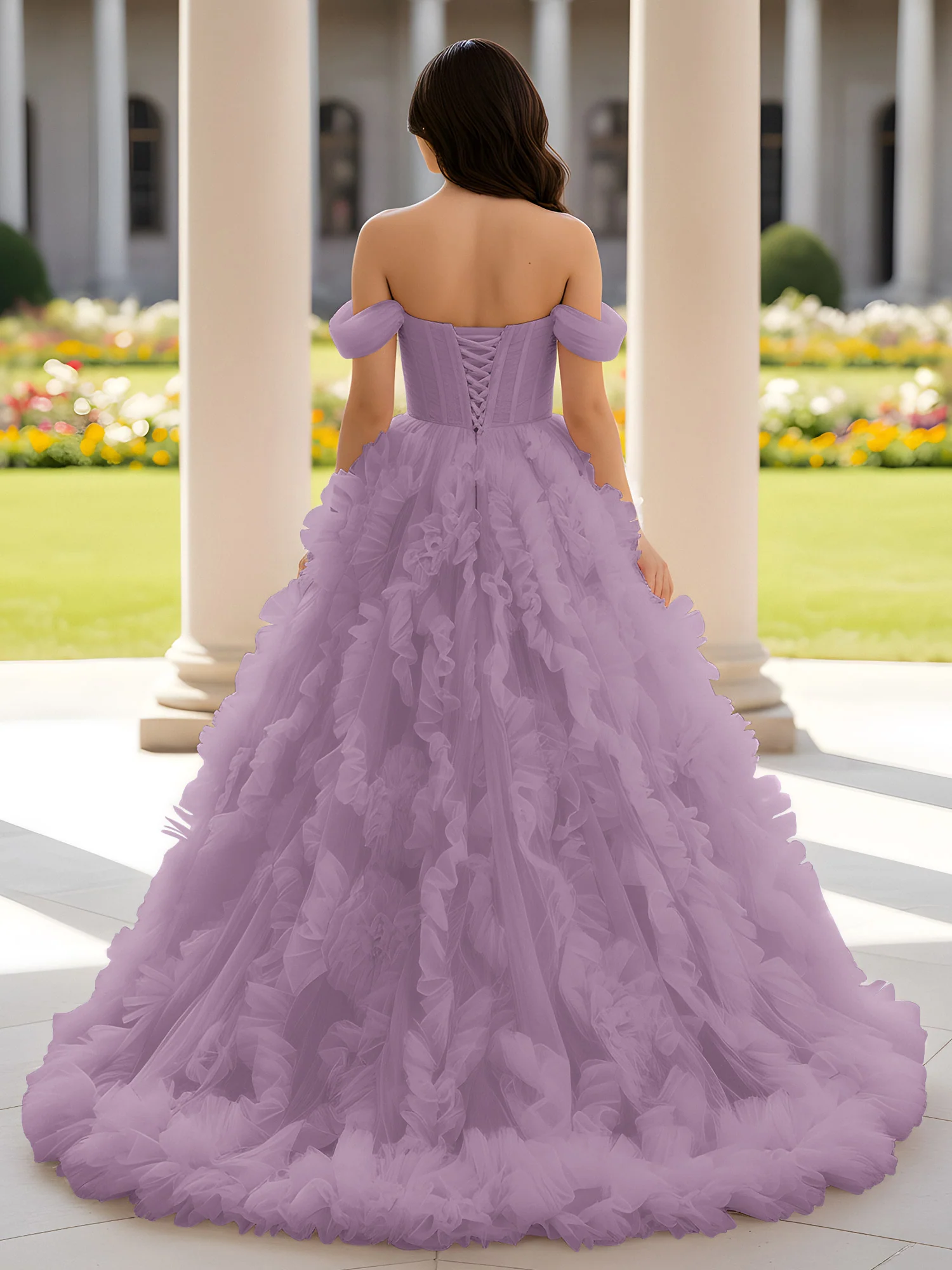 Sweetheart Off-the-shoulder Ruffle Ball Gown Sweep Train Wisteria - Image 2