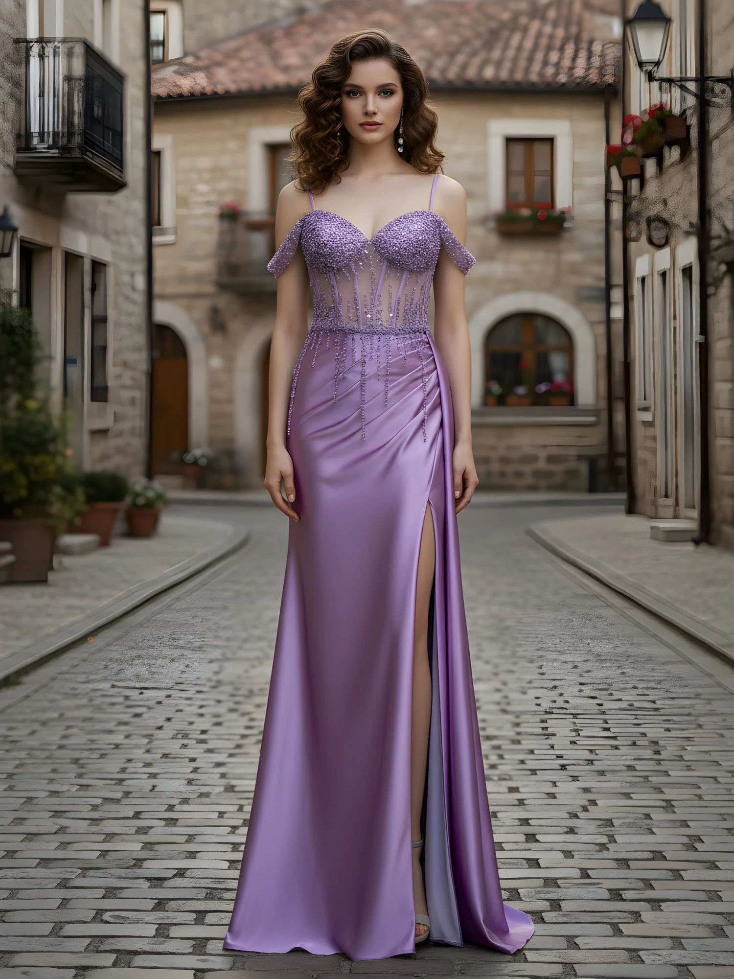 Sweetheart Sequins Sheer Corset Sheath Gown With Slit Tahiti - Image 3