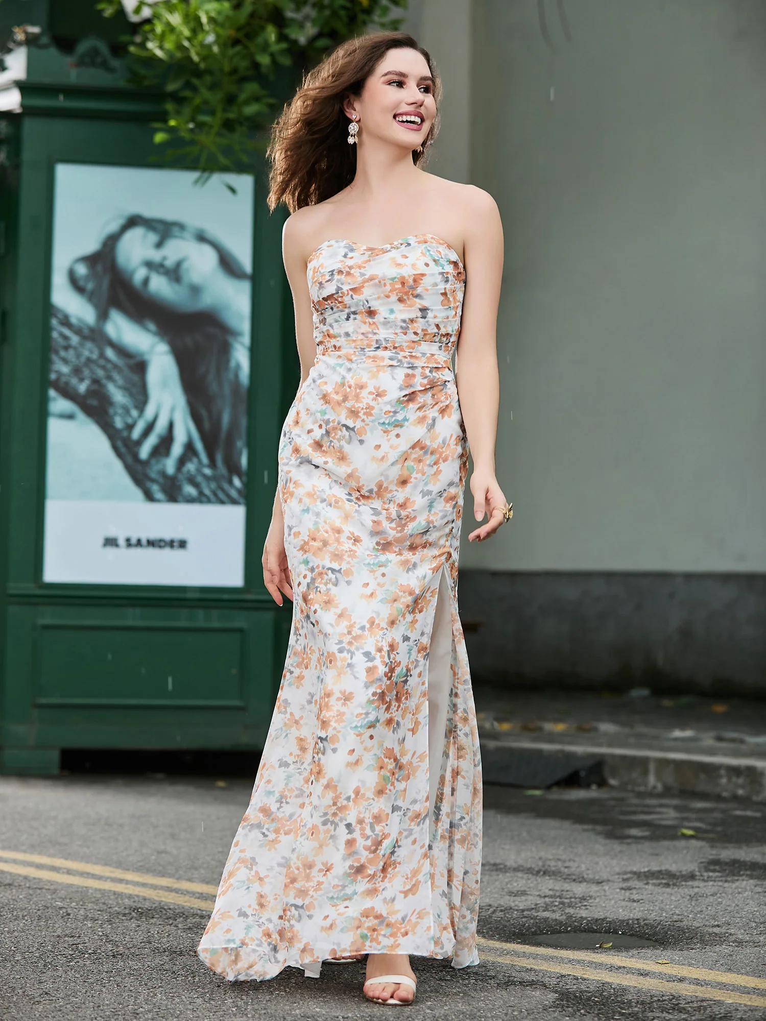 Sweetheart Sheath Chiffon Dress With Slit Sunset Floral - Image 6