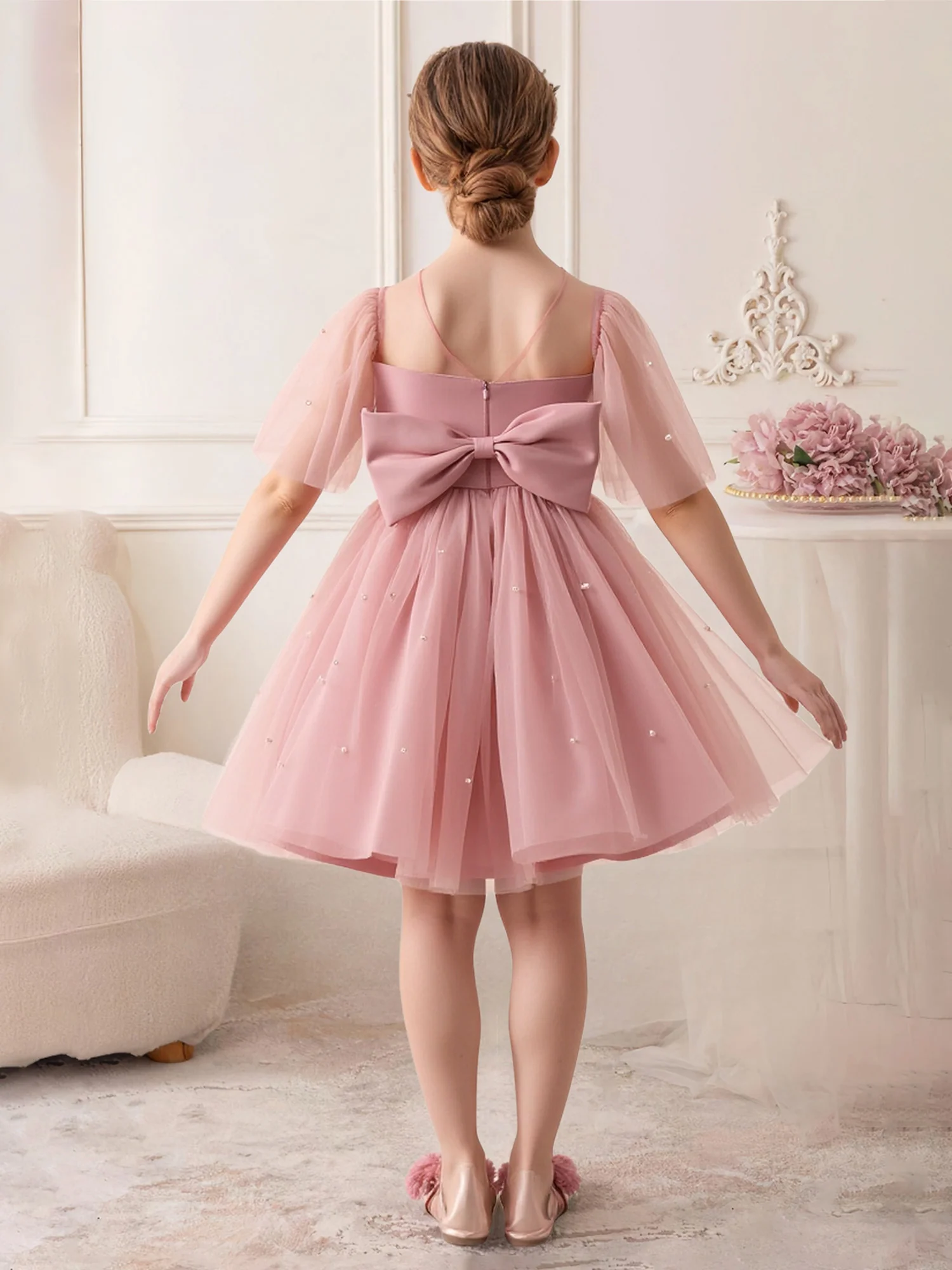 Sheer Ruffle Sleeve Beaded Tulle Flower Girl Dress Flamingo - Image 2