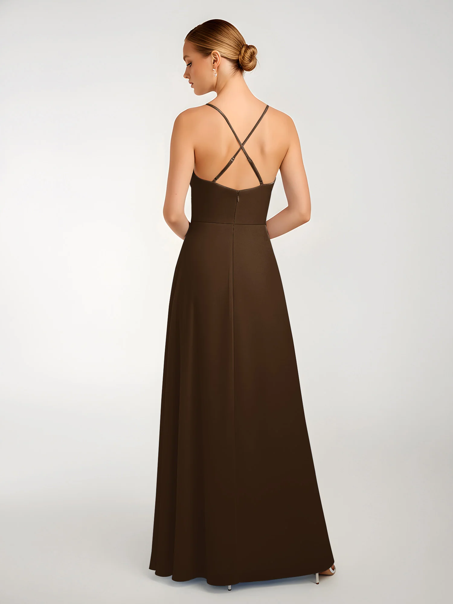 Chiffon A-Line Criss-Cross Straps Dresses With Slit Brown - Image 2
