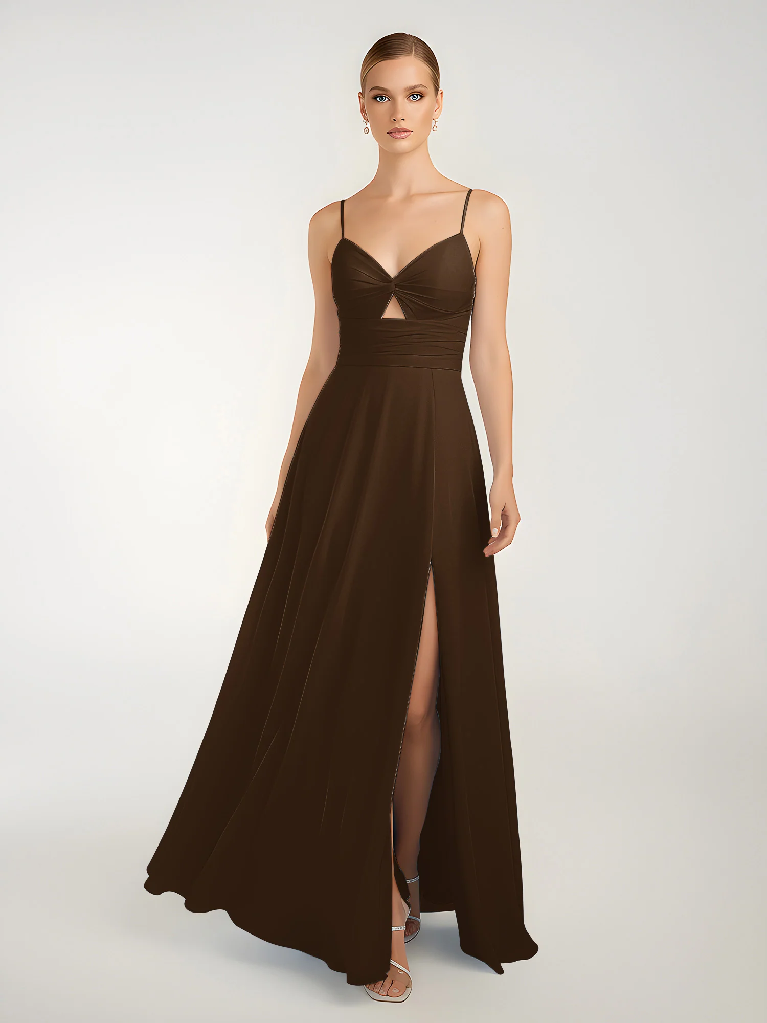 Chiffon A-Line Criss-Cross Straps Dresses With Slit Brown - Image 3
