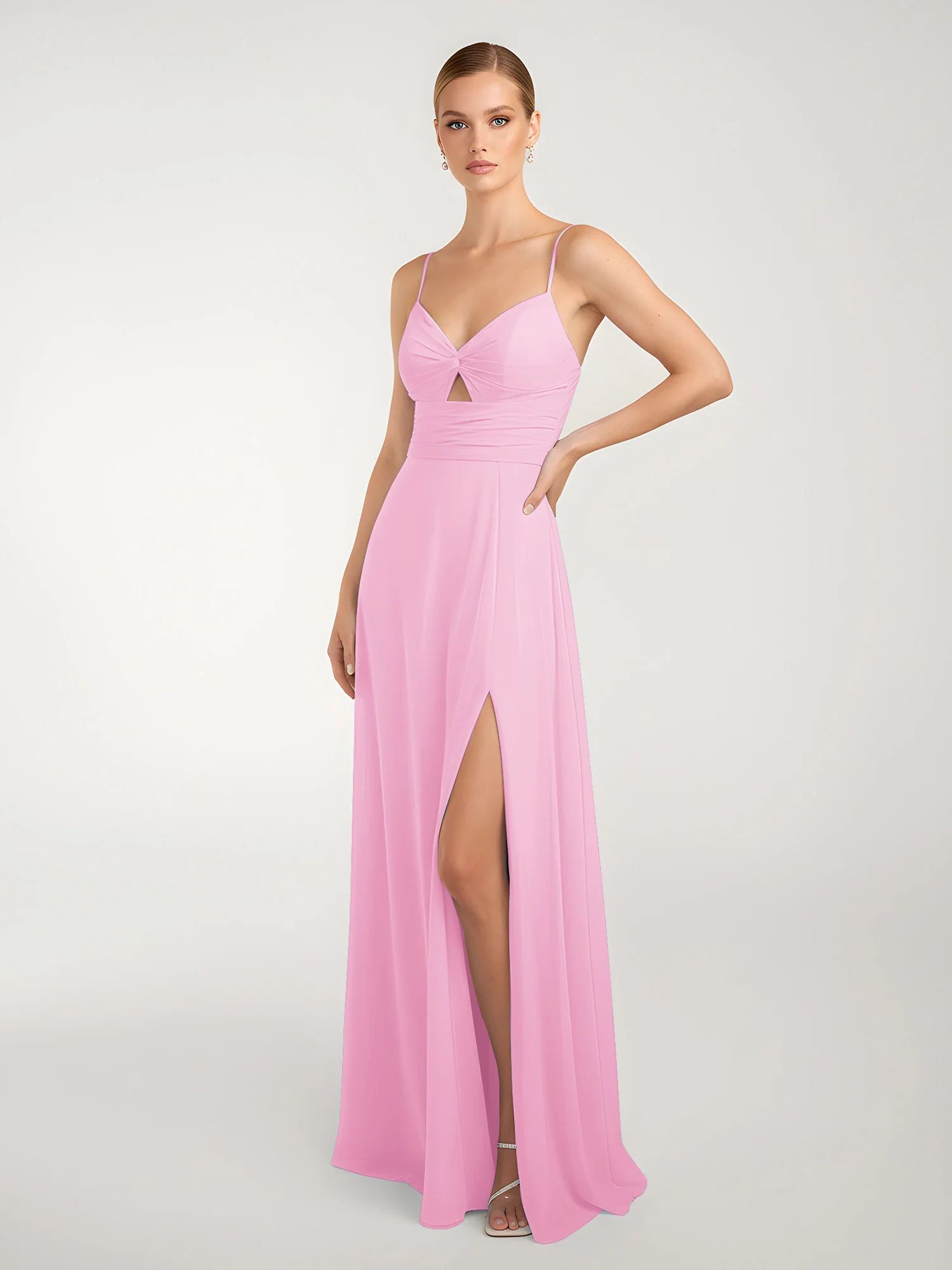 Chiffon A-Line Criss-Cross Straps Dresses With Slit Candy Pink