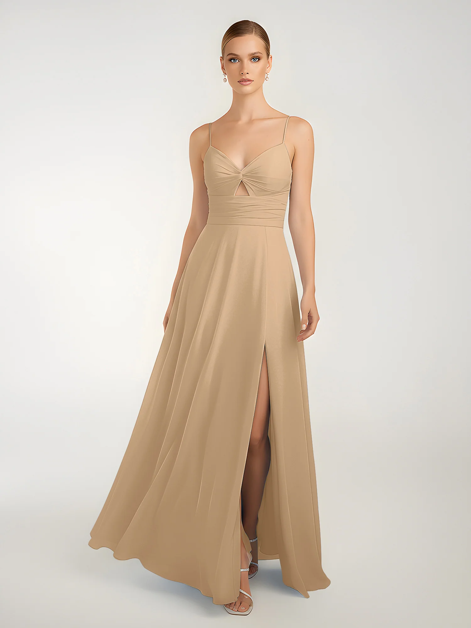 Chiffon A-Line Criss-Cross Straps Dresses With Slit Champagne - Image 3