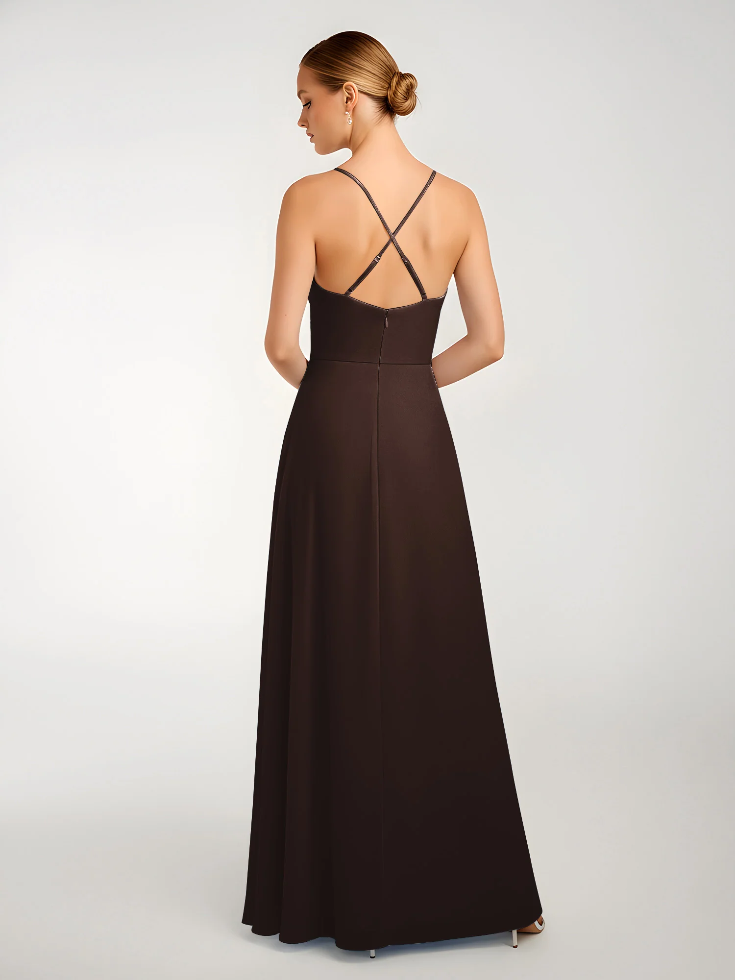 Chiffon A-Line Criss-Cross Straps Dresses With Slit Chocolate - Image 2