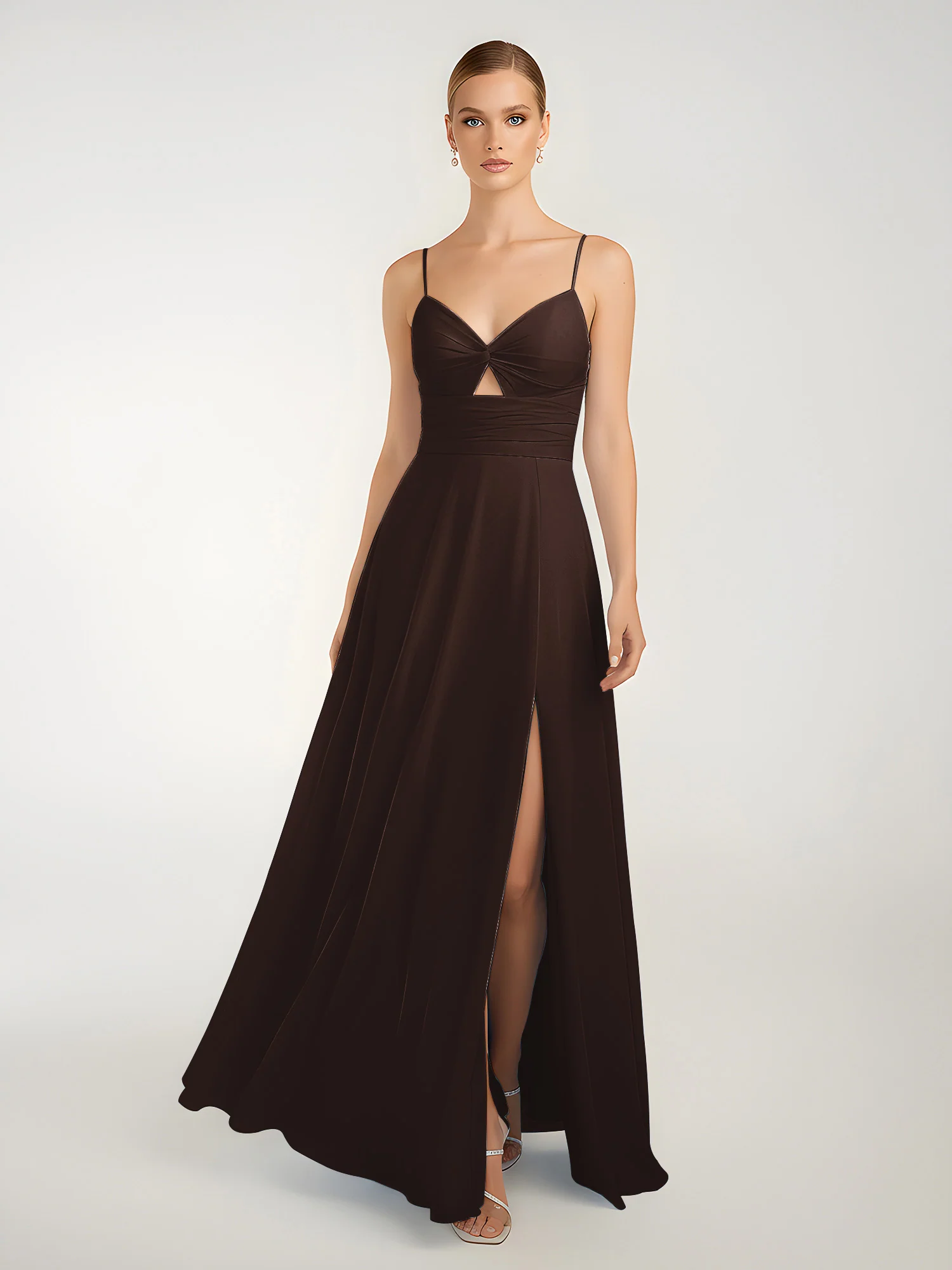 Chiffon A-Line Criss-Cross Straps Dresses With Slit Chocolate - Image 3
