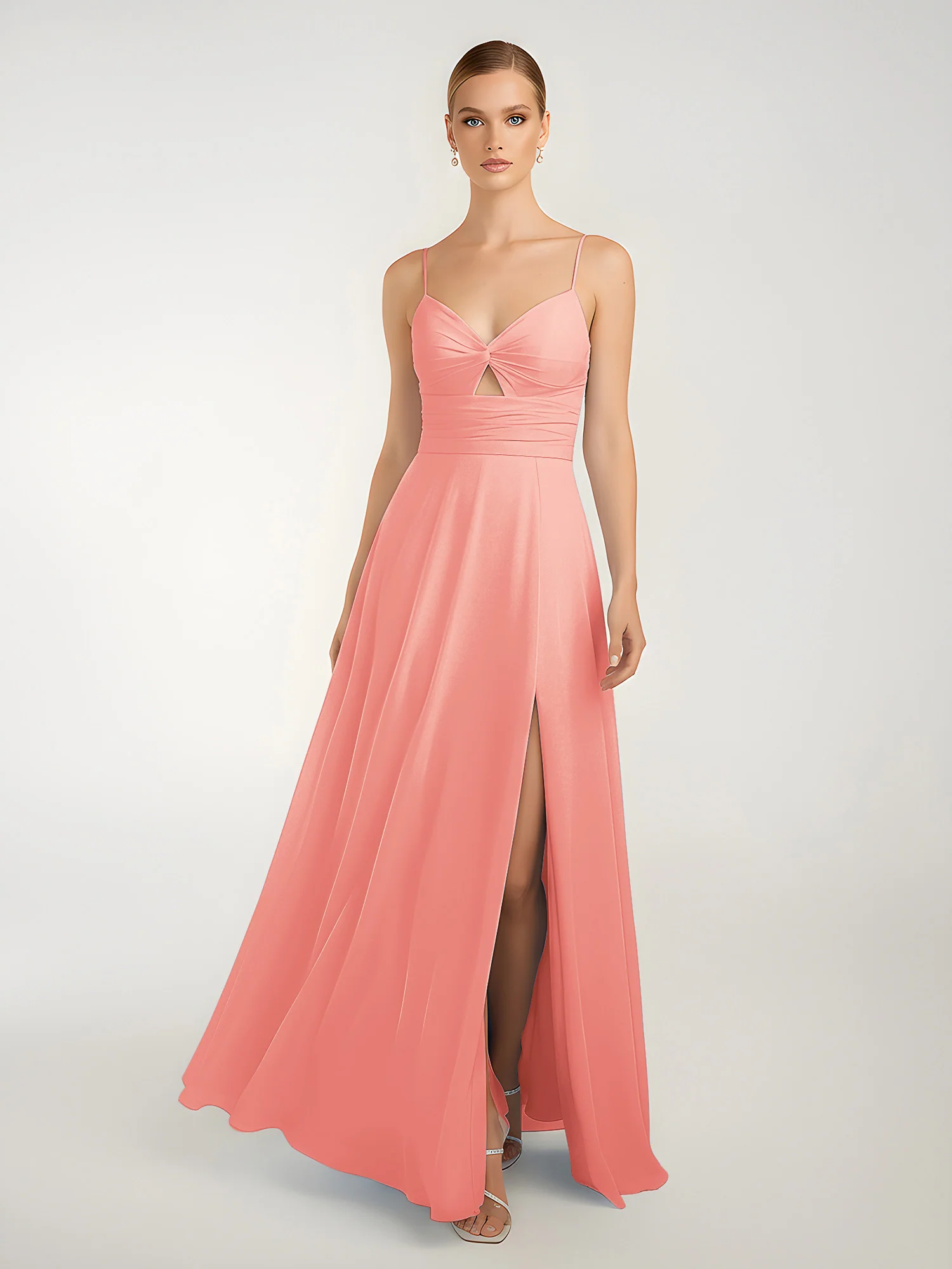 Chiffon A-Line Criss-Cross Straps Dresses With Slit Coral - Image 3