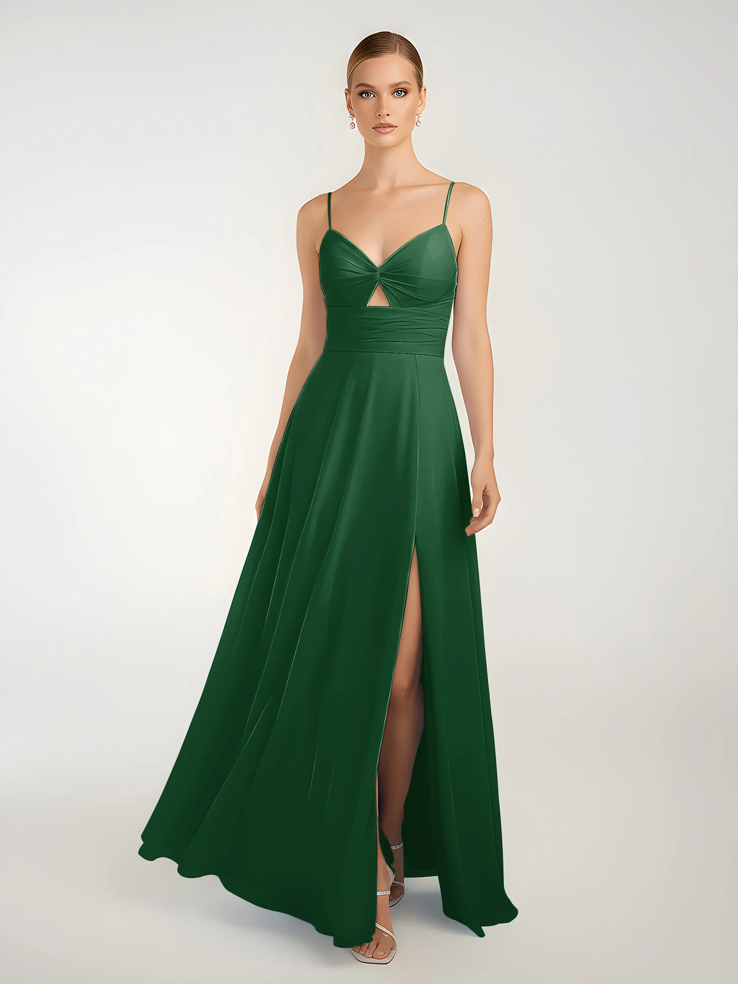 Chiffon A-Line Criss-Cross Straps Dresses With Slit Dark Green - Image 3
