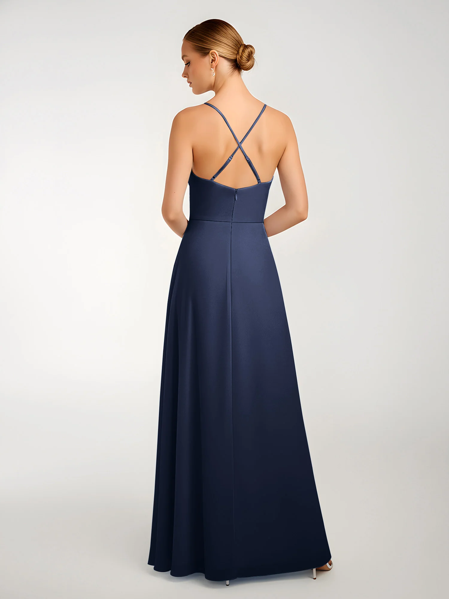 Chiffon A-Line Criss-Cross Straps Dresses With Slit Dark Navy - Image 2