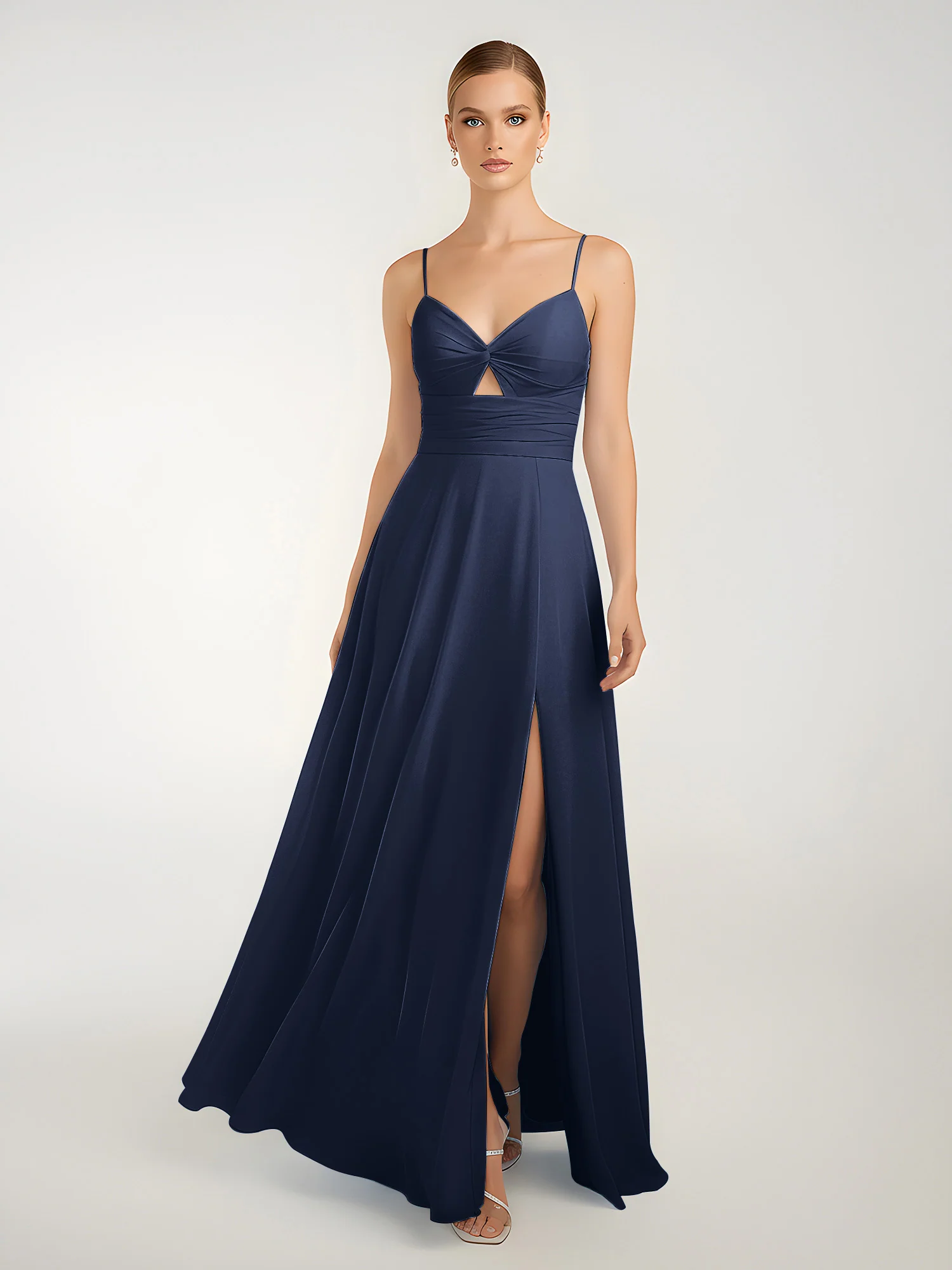 Chiffon A-Line Criss-Cross Straps Dresses With Slit Dark Navy - Image 3