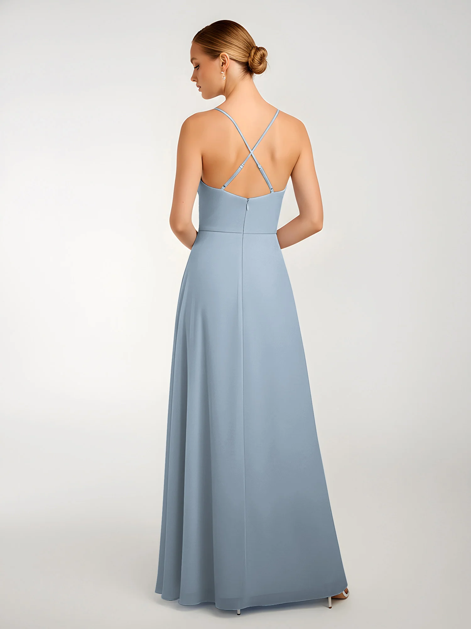 Chiffon A-Line Criss-Cross Straps Dresses With Slit Dusty Blue - Image 2
