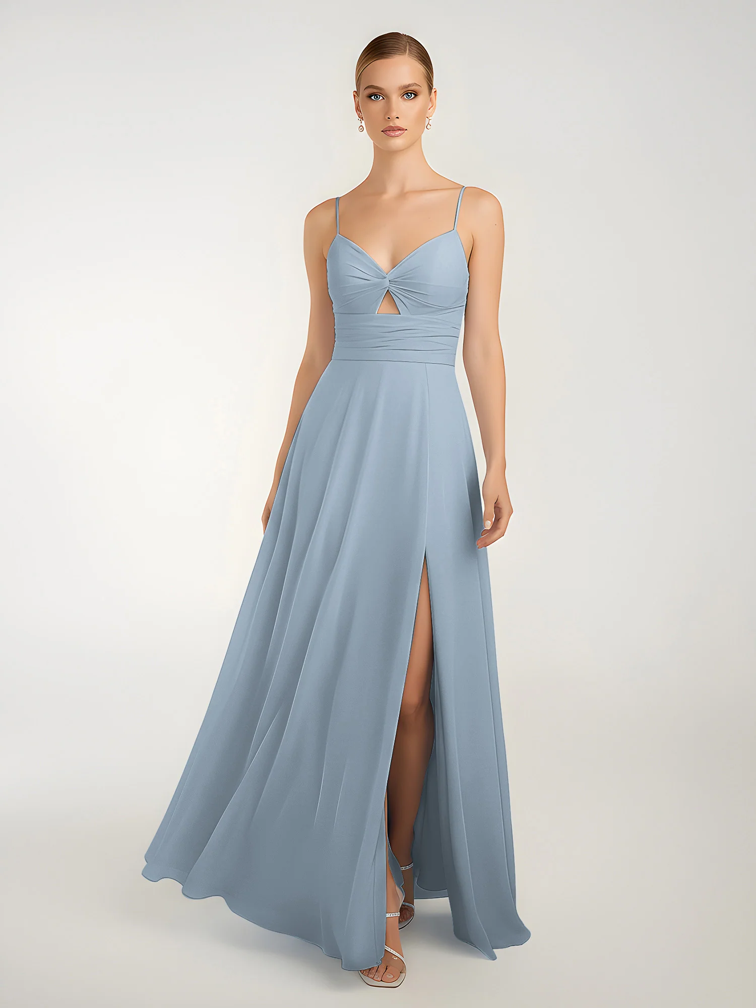 Chiffon A-Line Criss-Cross Straps Dresses With Slit Dusty Blue - Image 3