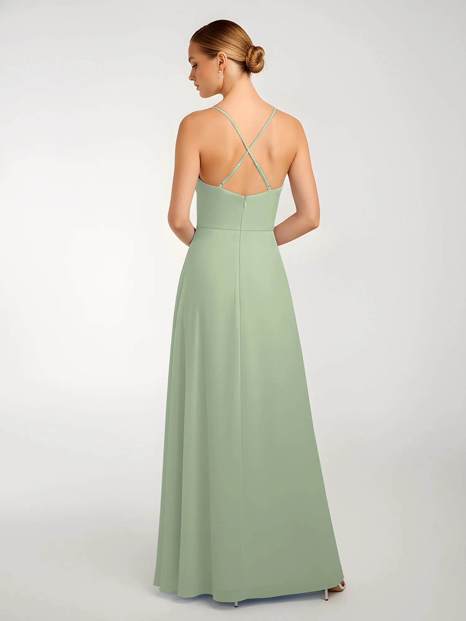 Chiffon A-Line Criss-Cross Straps Dresses With Slit Dusty Sage - Image 2