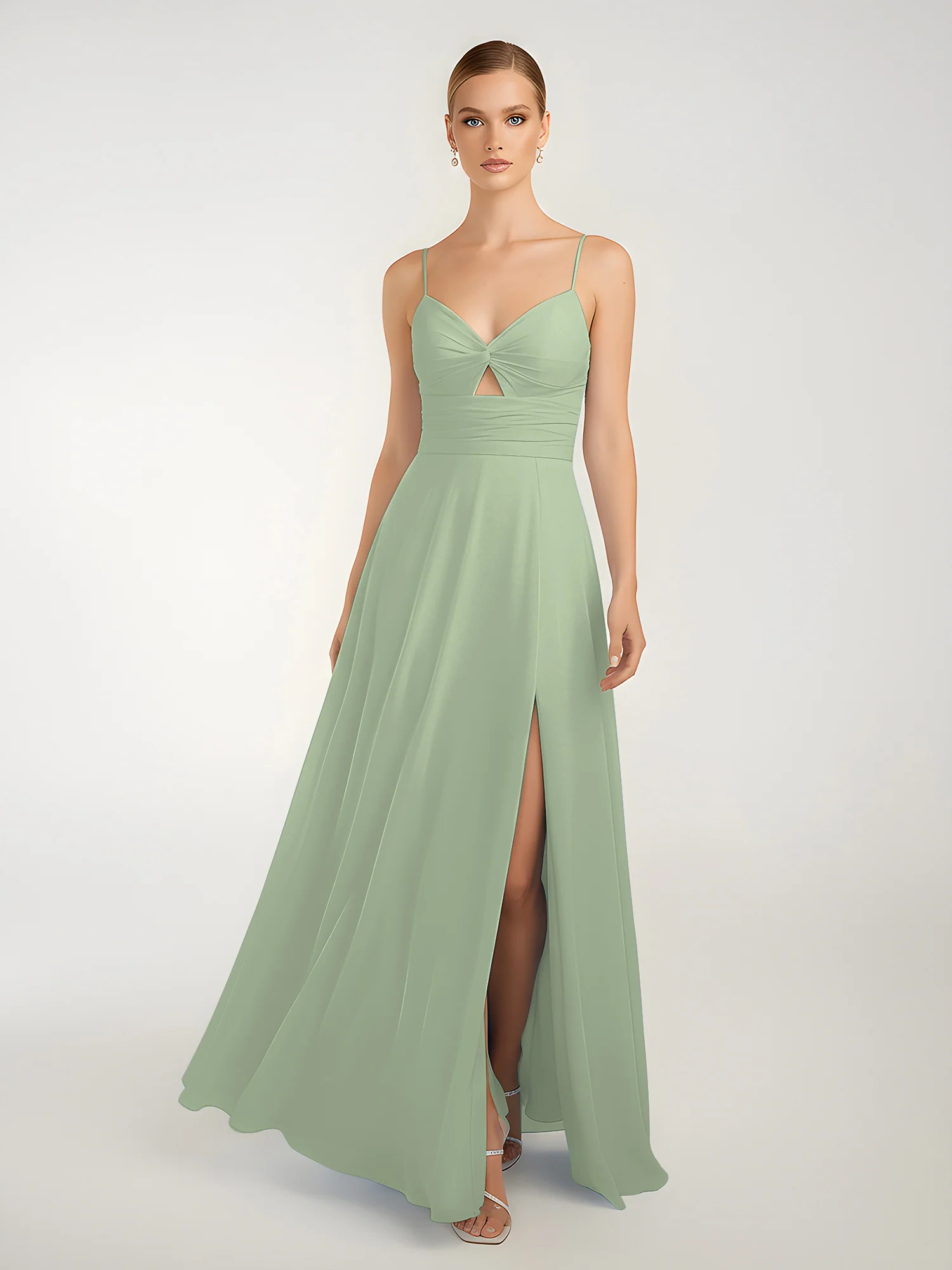Chiffon A-Line Criss-Cross Straps Dresses With Slit Dusty Sage - Image 3