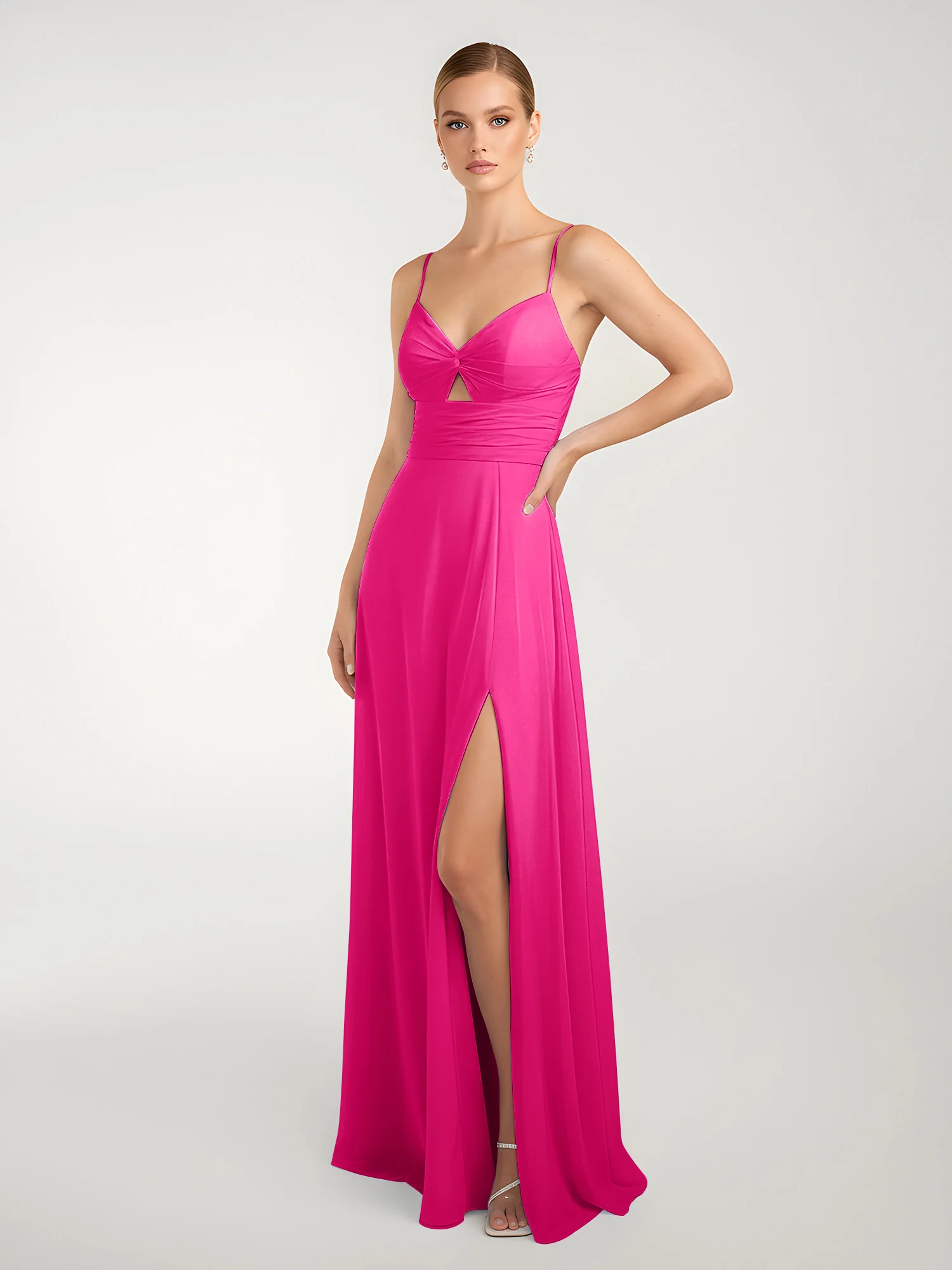 Chiffon A-Line Criss-Cross Straps Dresses With Slit Fuchsia