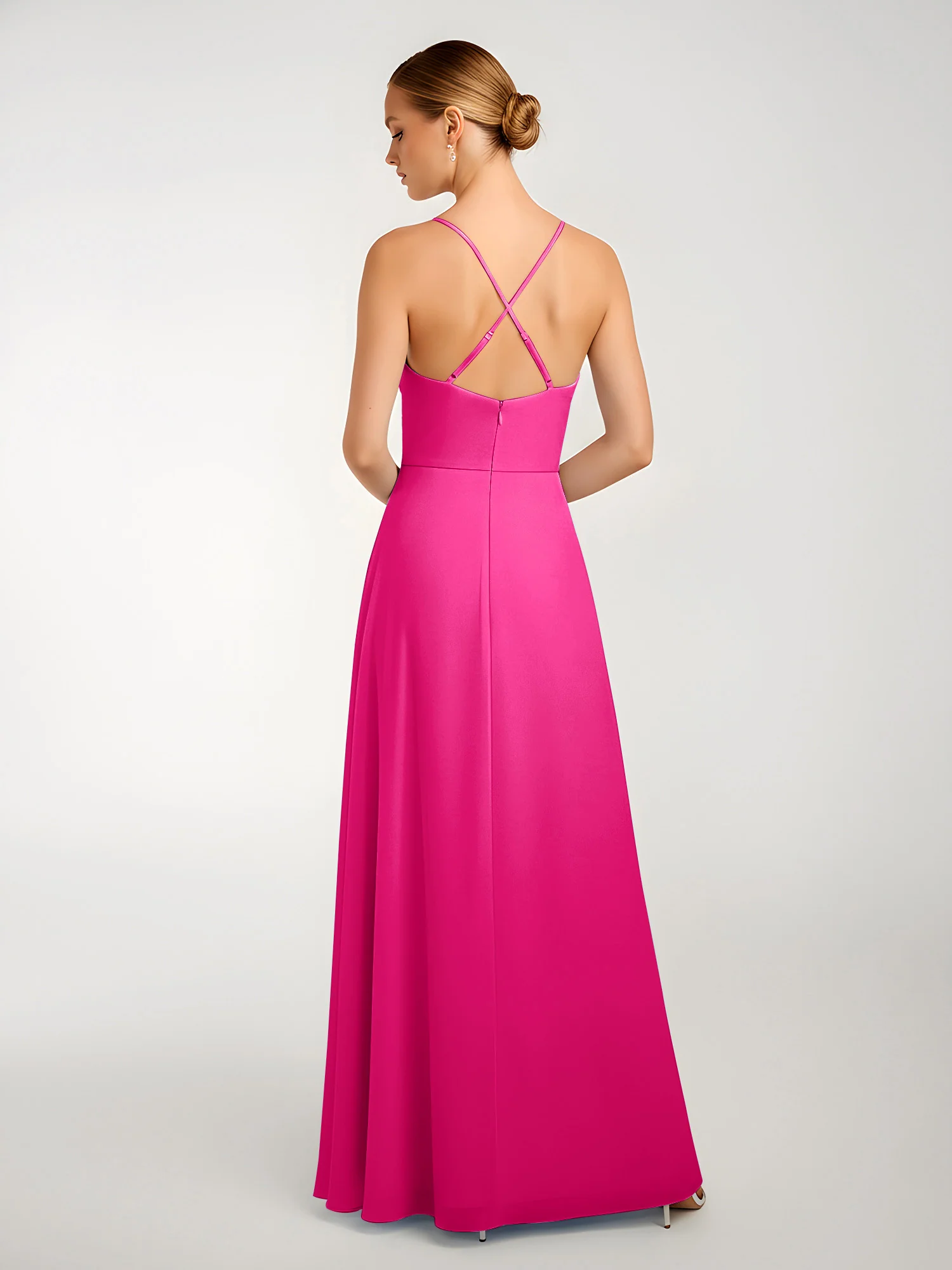 Chiffon A-Line Criss-Cross Straps Dresses With Slit Fuchsia - Image 2