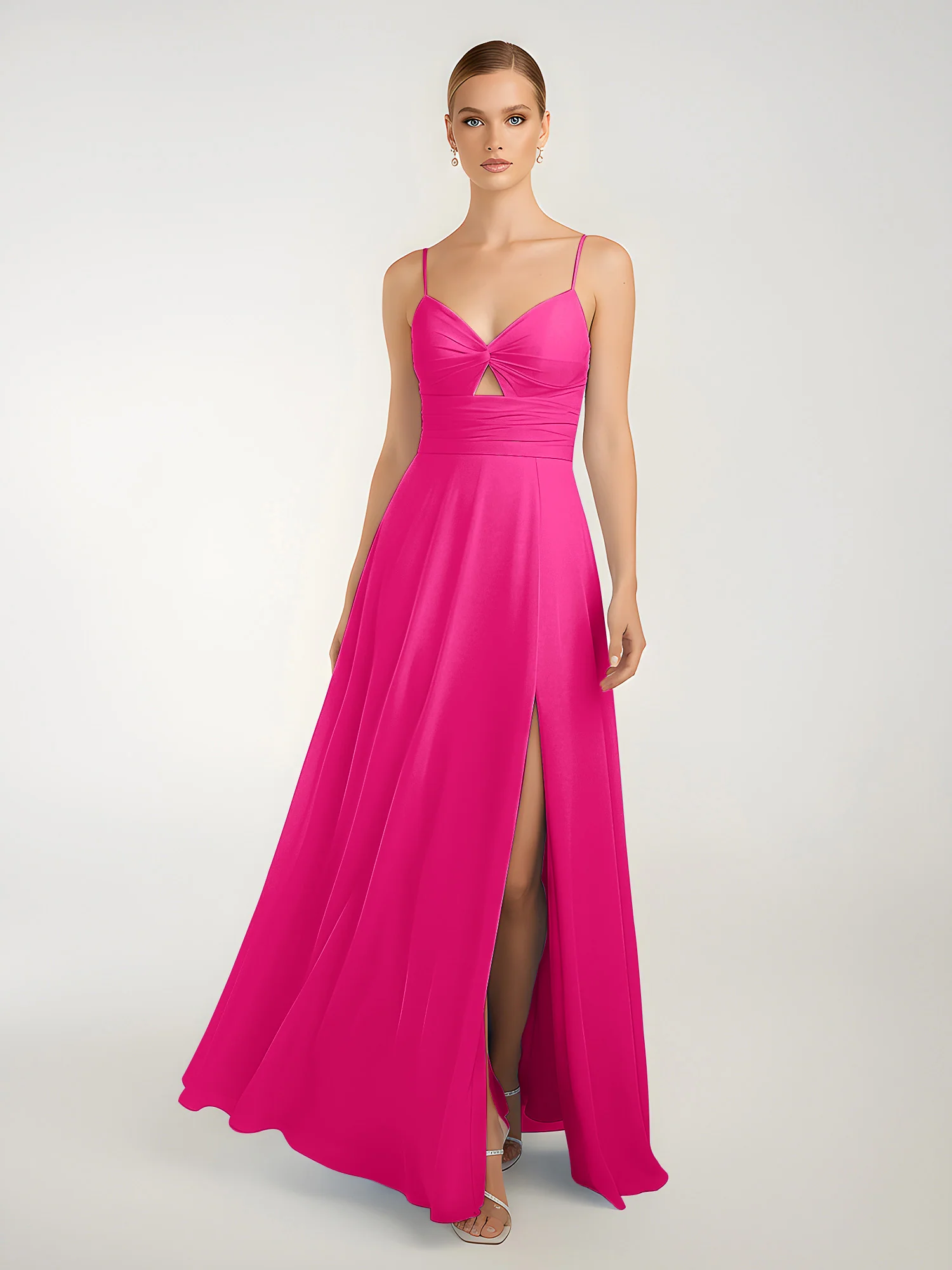 Chiffon A-Line Criss-Cross Straps Dresses With Slit Fuchsia - Image 3