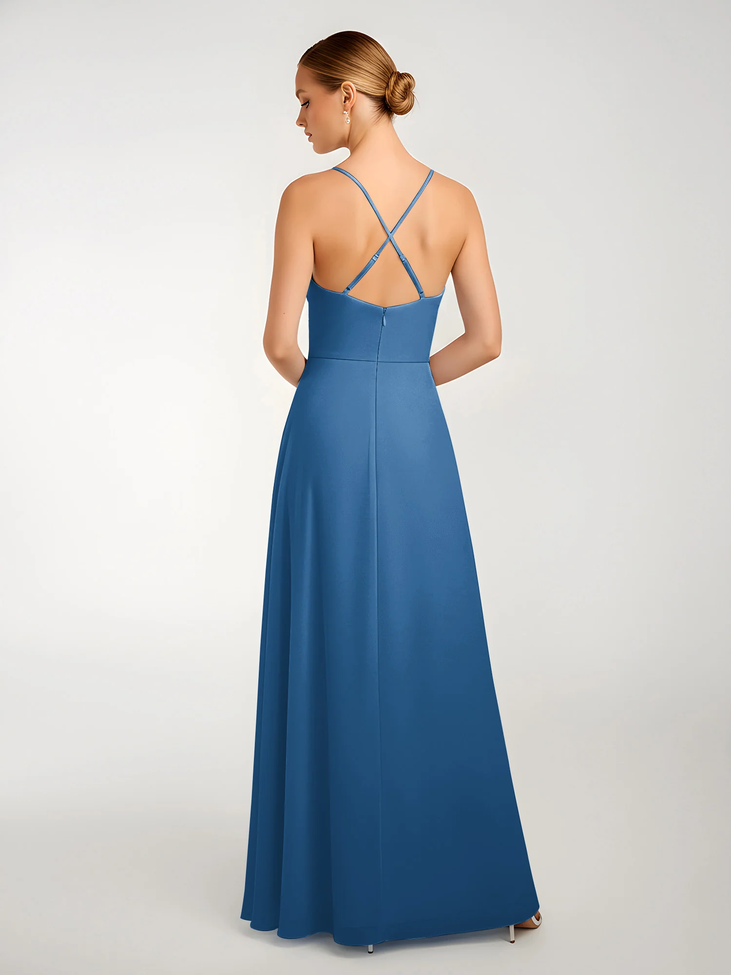 Chiffon A-Line Criss-Cross Straps Dresses With Slit Ink Blue - Image 2
