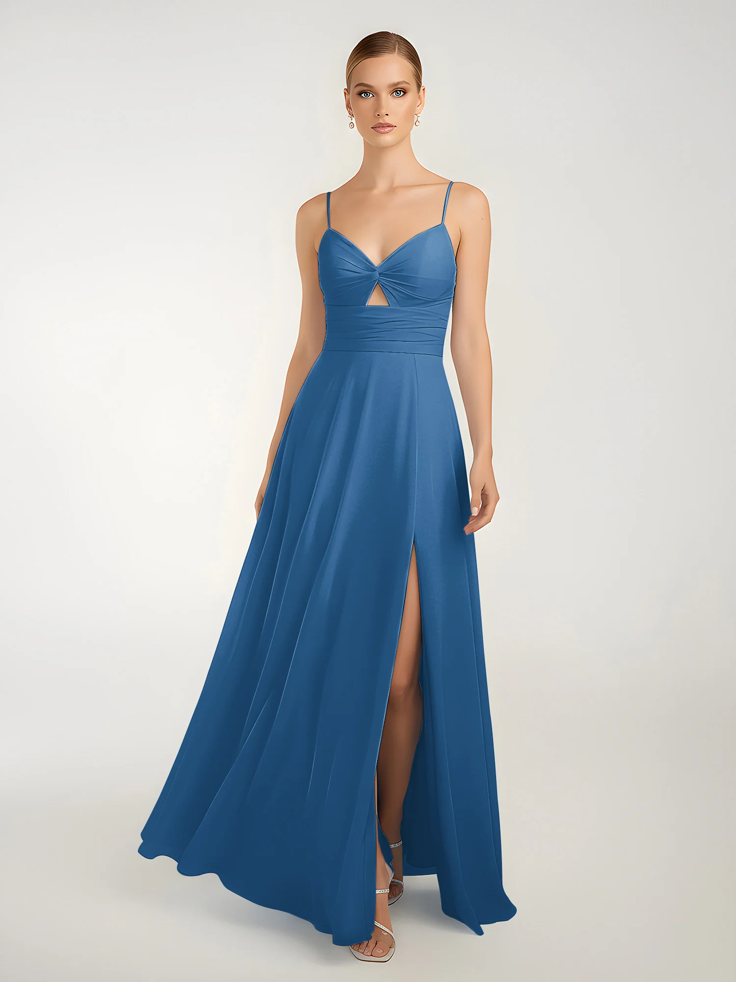 Chiffon A-Line Criss-Cross Straps Dresses With Slit Ink Blue - Image 3