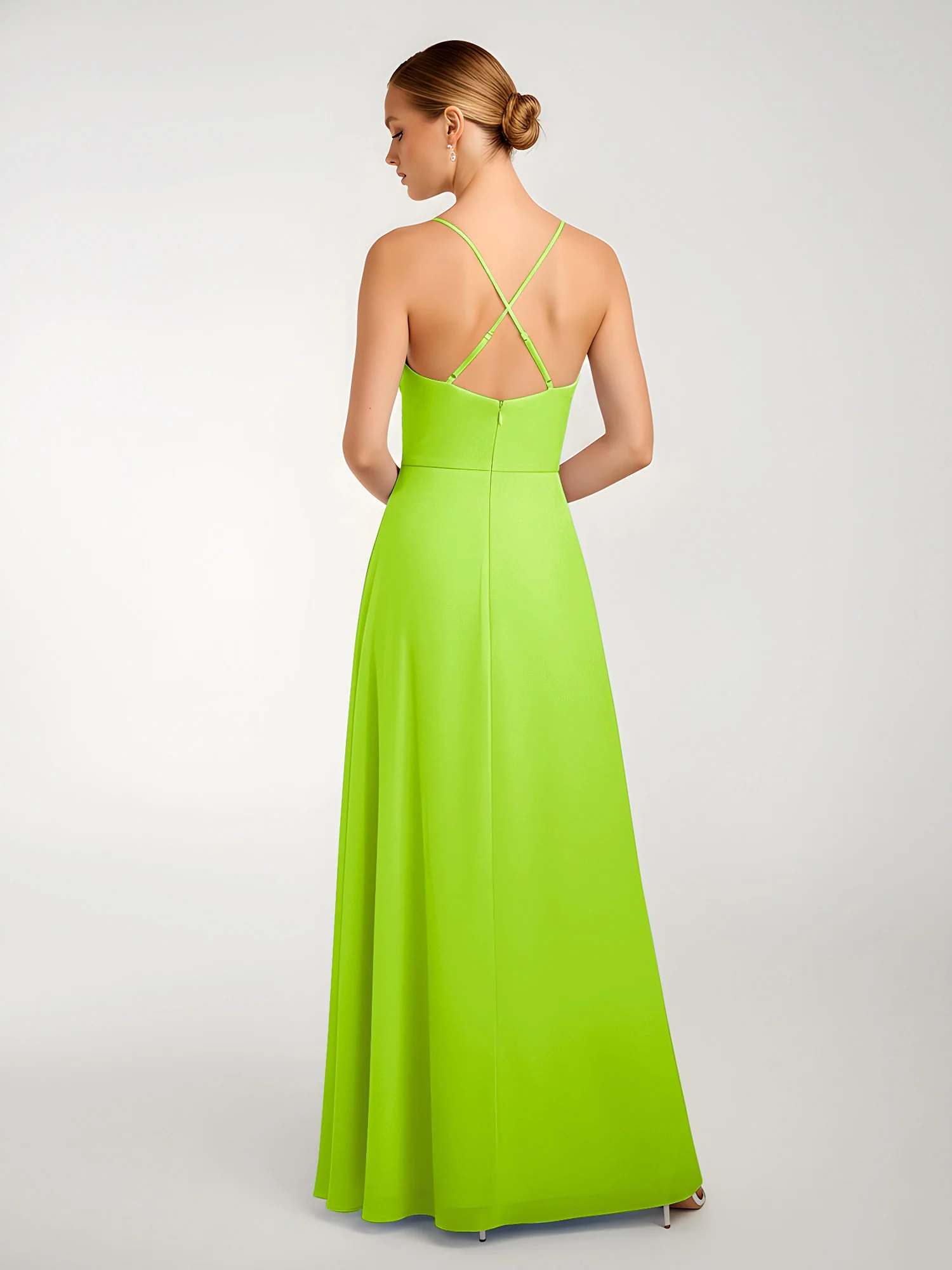 Chiffon A-Line Criss-Cross Straps Dresses With Slit Lime Green - Image 2