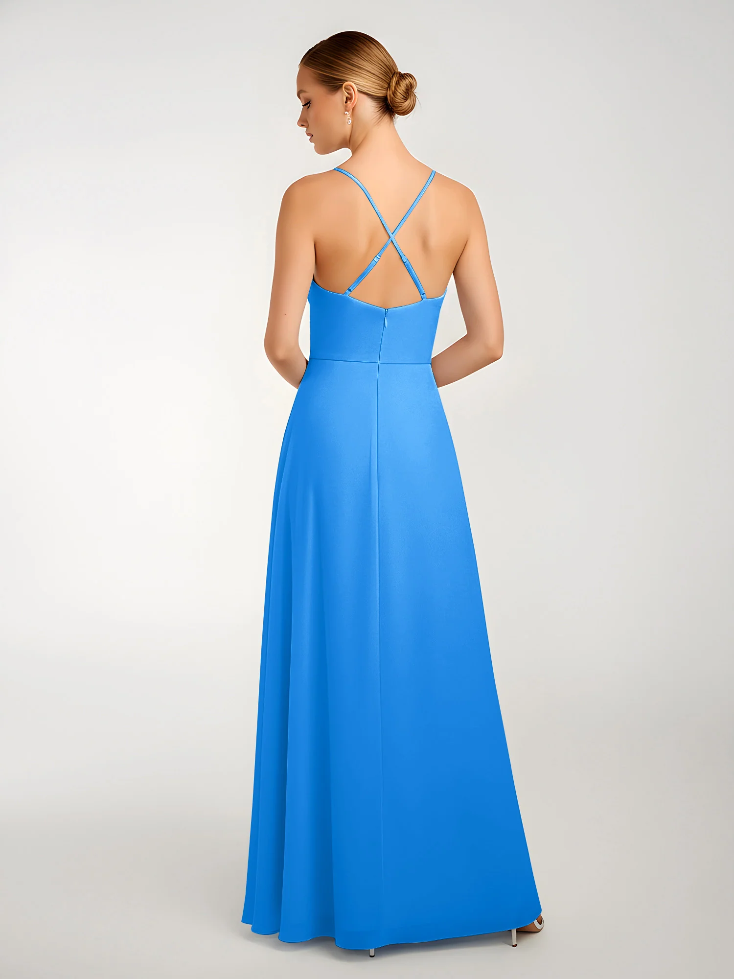 Chiffon A-Line Criss-Cross Straps Dresses With Slit Ocean Blue - Image 2