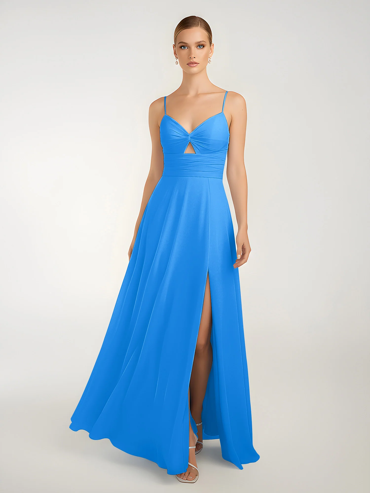 Chiffon A-Line Criss-Cross Straps Dresses With Slit Ocean Blue - Image 3