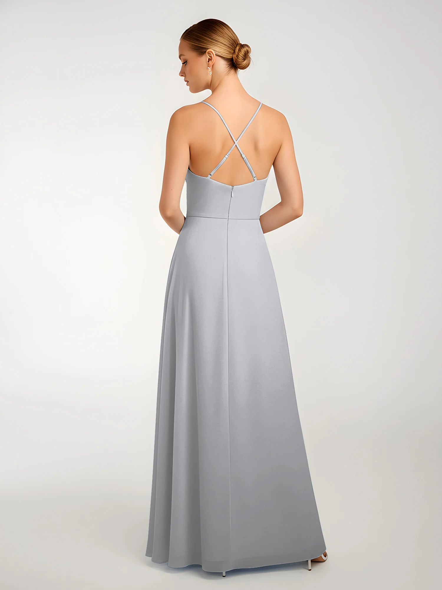Chiffon A-Line Criss-Cross Straps Dresses With Slit Silver - Image 2