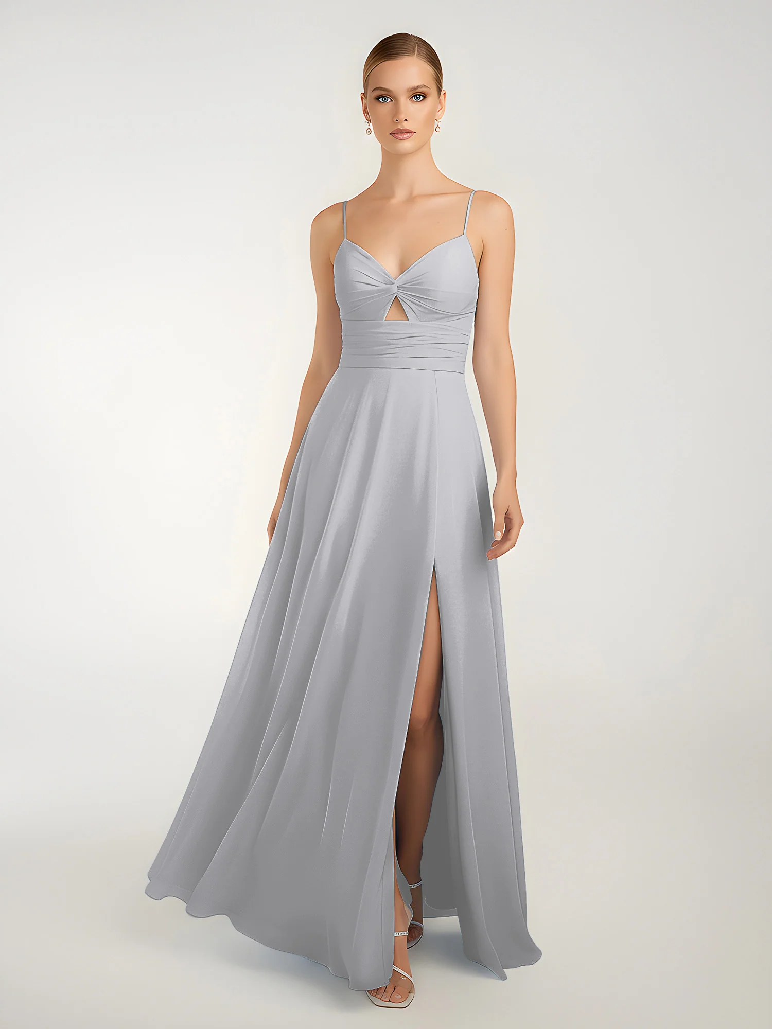 Chiffon A-Line Criss-Cross Straps Dresses With Slit Silver - Image 3