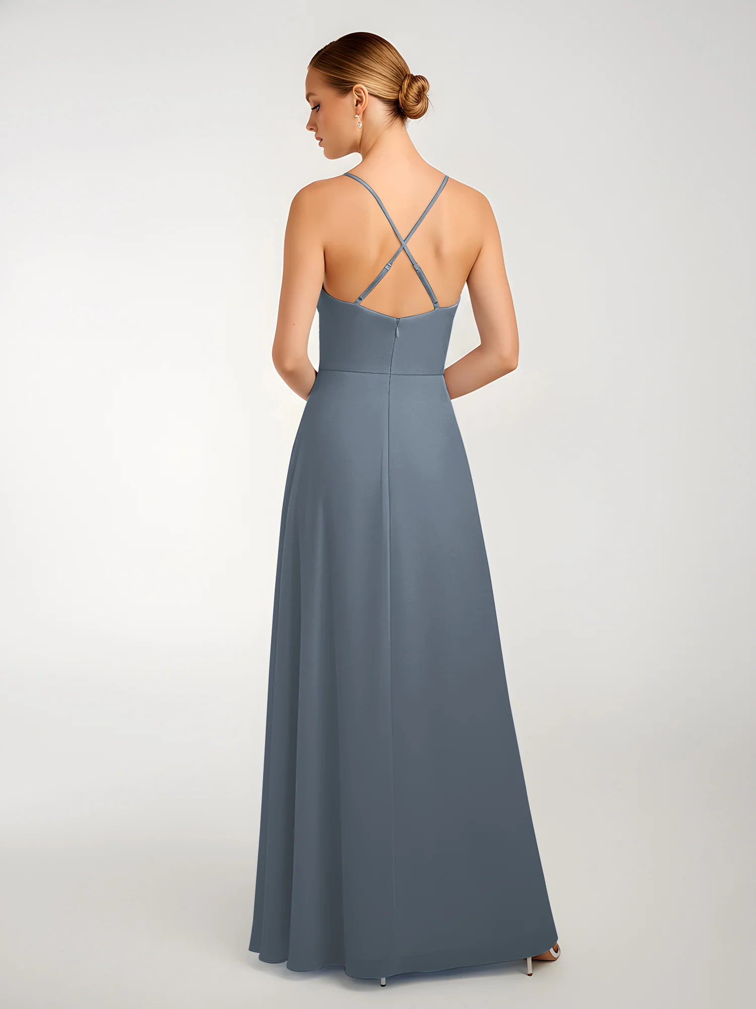 Chiffon A-Line Criss-Cross Straps Dresses With Slit Slate Blue - Image 2