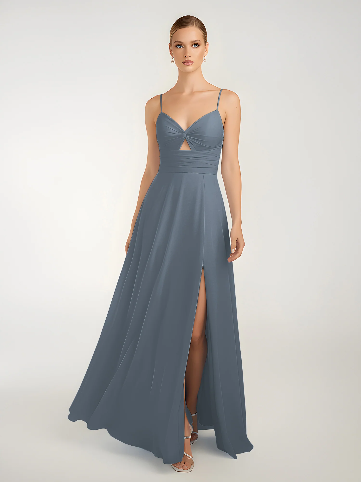 Chiffon A-Line Criss-Cross Straps Dresses With Slit Slate Blue - Image 3