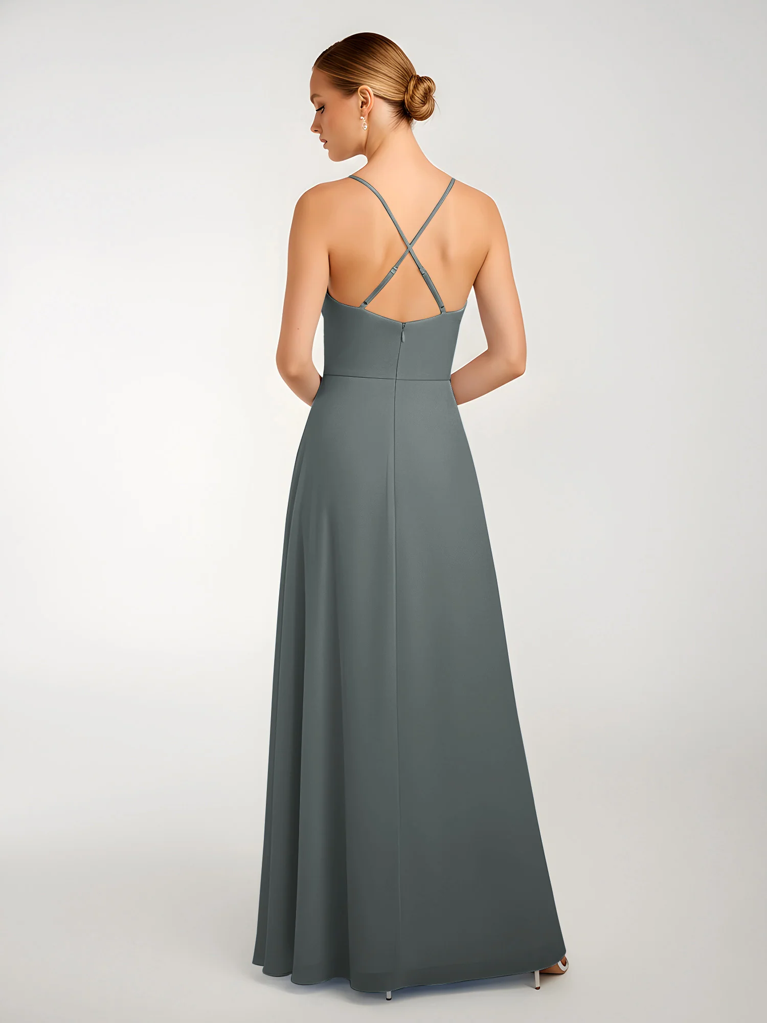 Chiffon A-Line Criss-Cross Straps Dresses With Slit Steel Grey - Image 2
