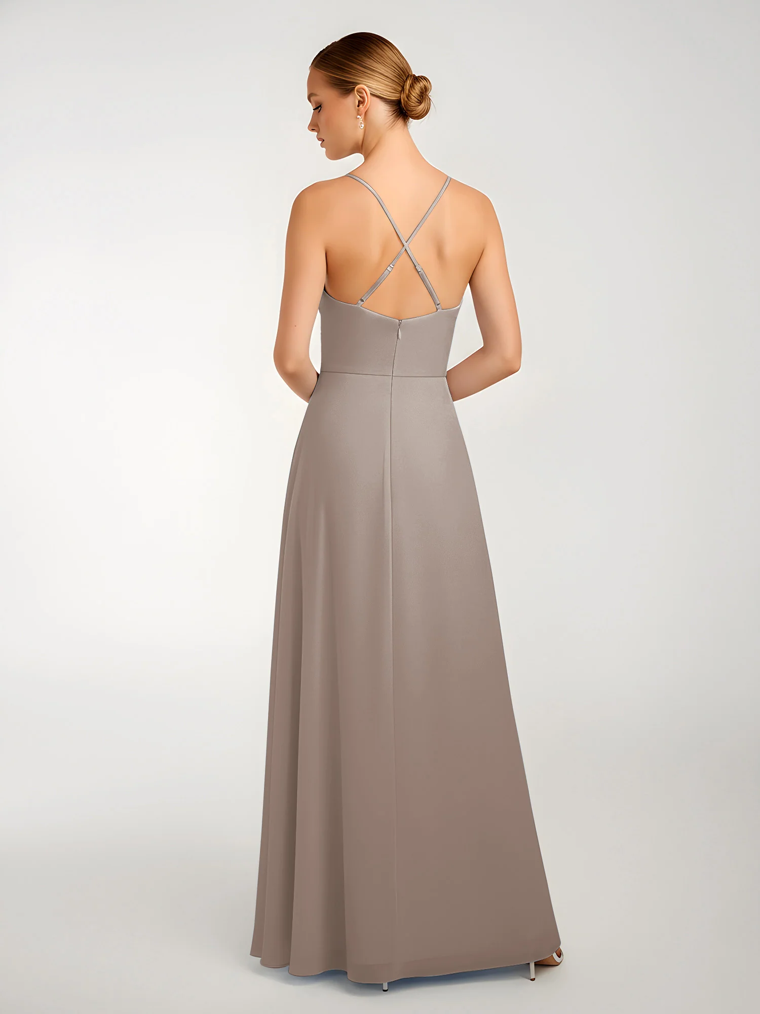 Chiffon A-Line Criss-Cross Straps Dresses With Slit Taupe - Image 2
