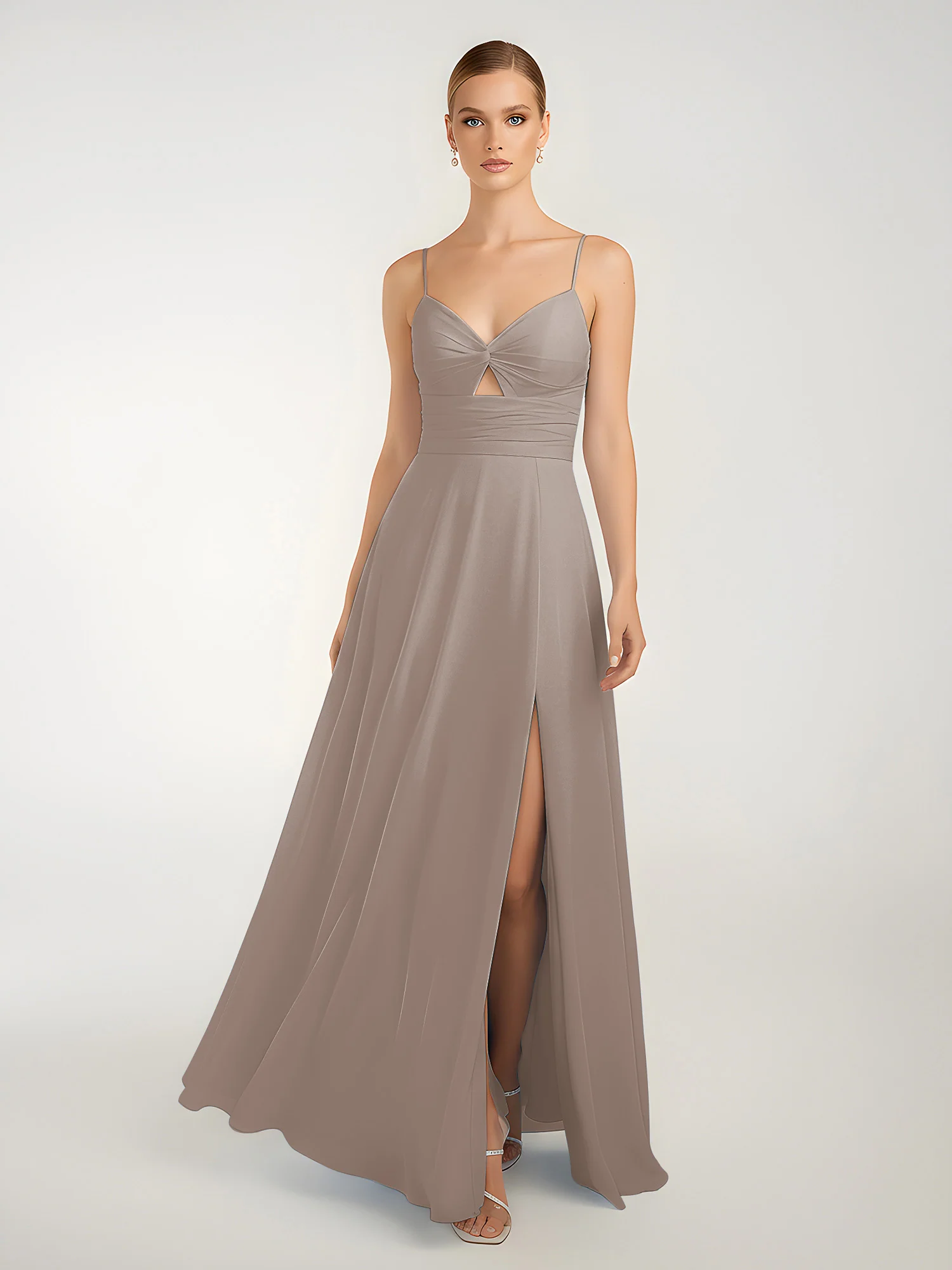 Chiffon A-Line Criss-Cross Straps Dresses With Slit Taupe - Image 3