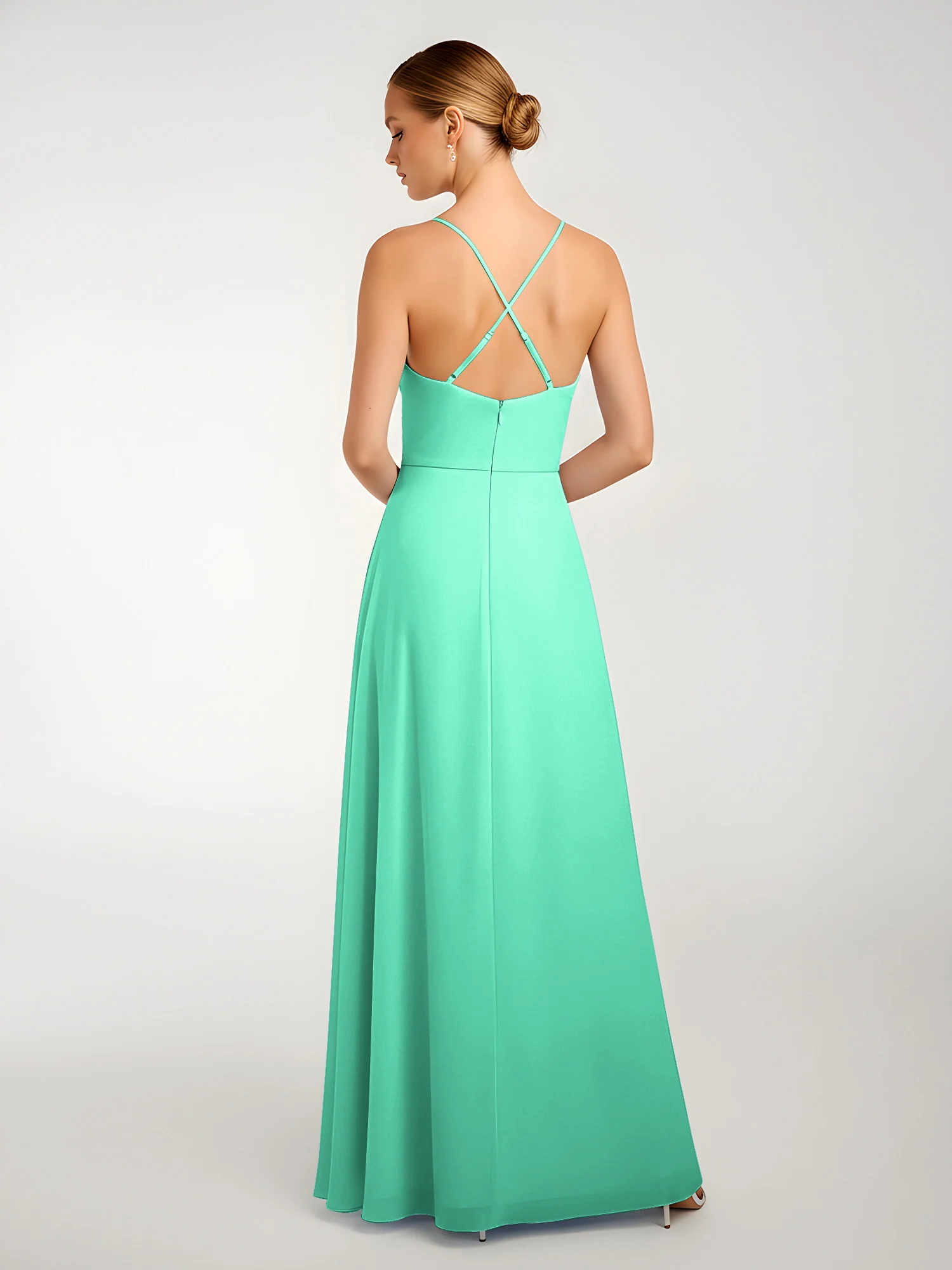 Chiffon A-Line Criss-Cross Straps Dresses With Slit Turquoise - Image 2