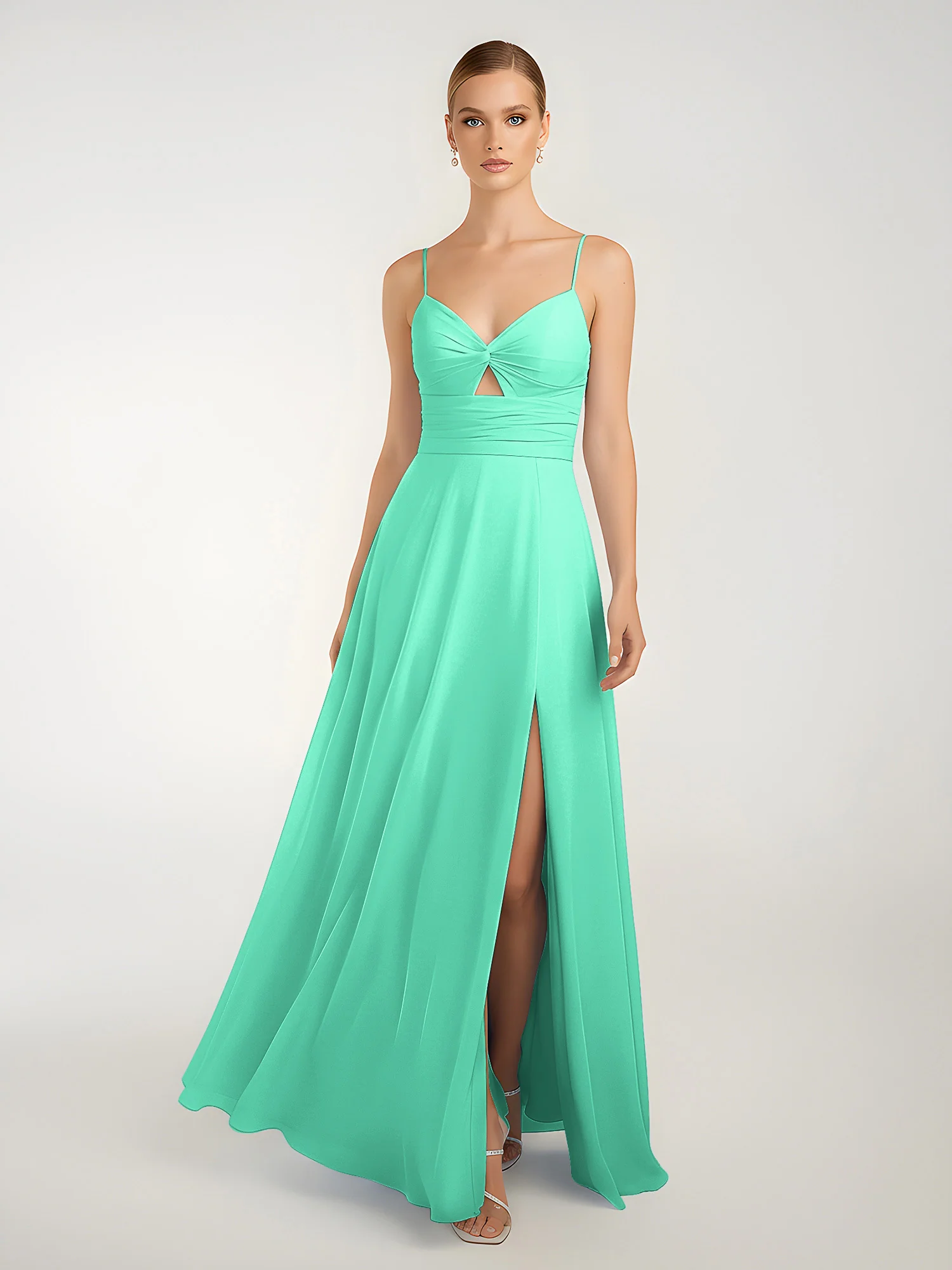 Chiffon A-Line Criss-Cross Straps Dresses With Slit Turquoise - Image 3
