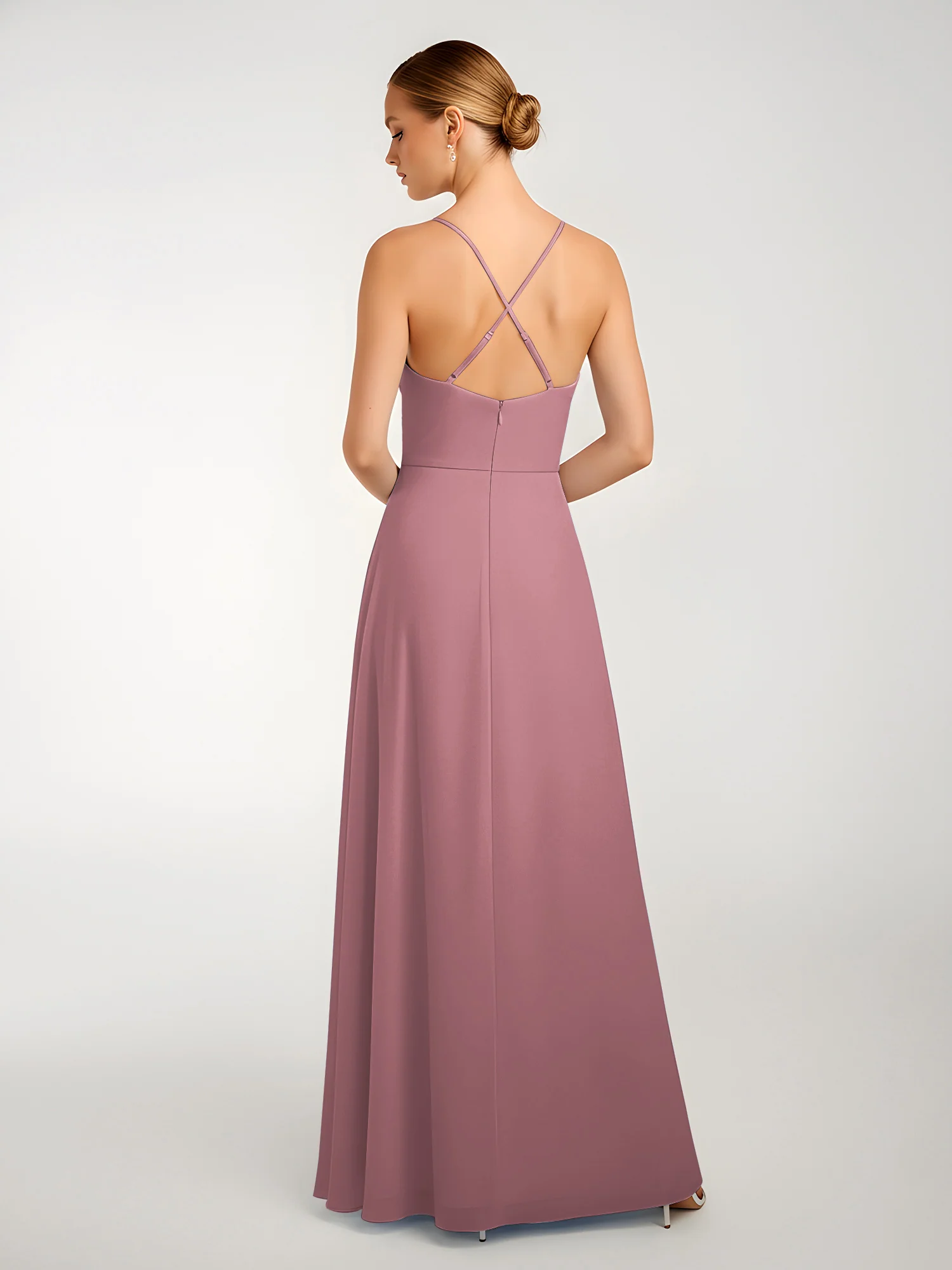 Chiffon A-Line Criss-Cross Straps Dresses With Slit Vintage Mauve - Image 2