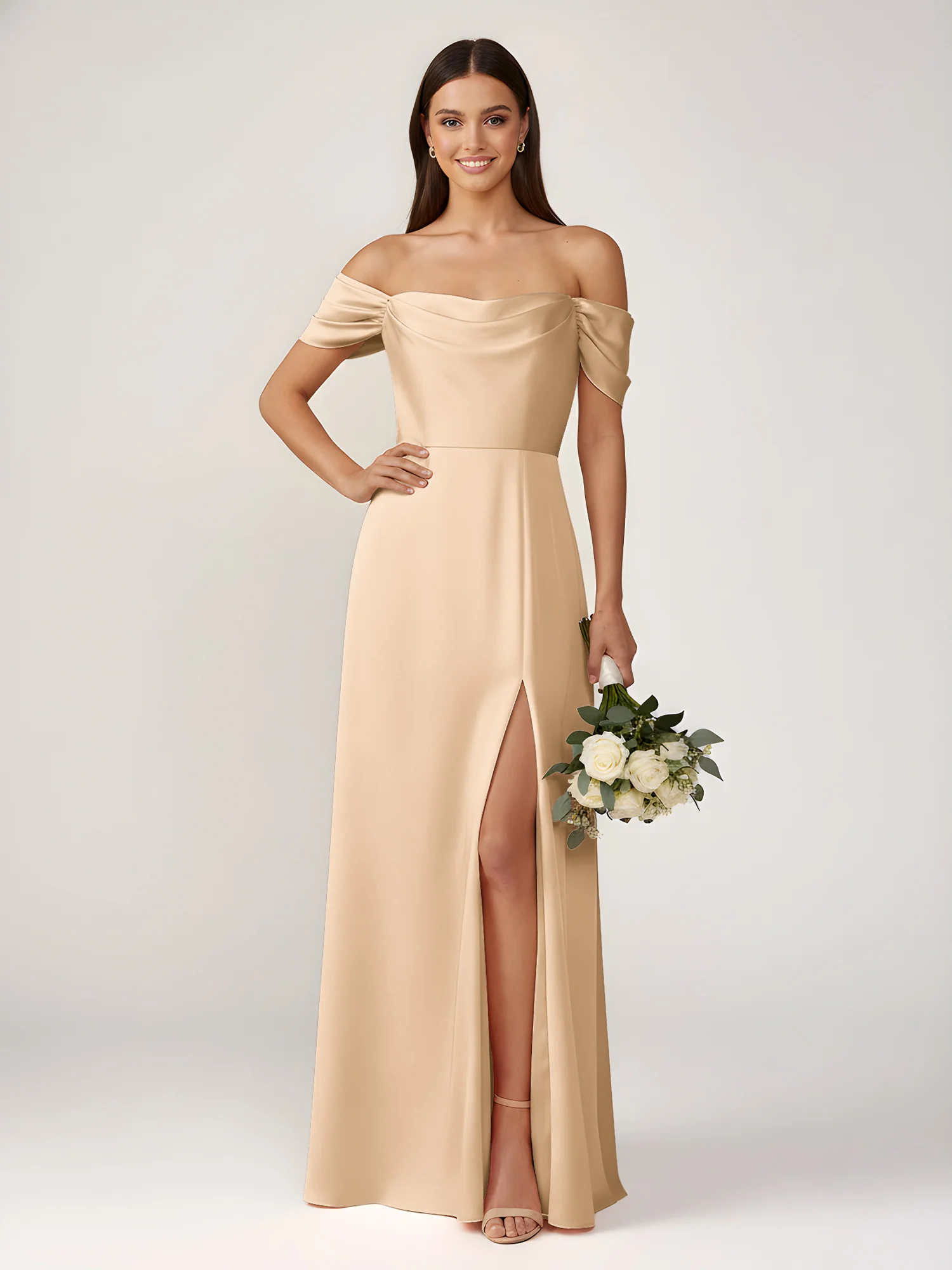 Off-The-Shoulder A-Line Floor Length Dresses With Slit Champagne