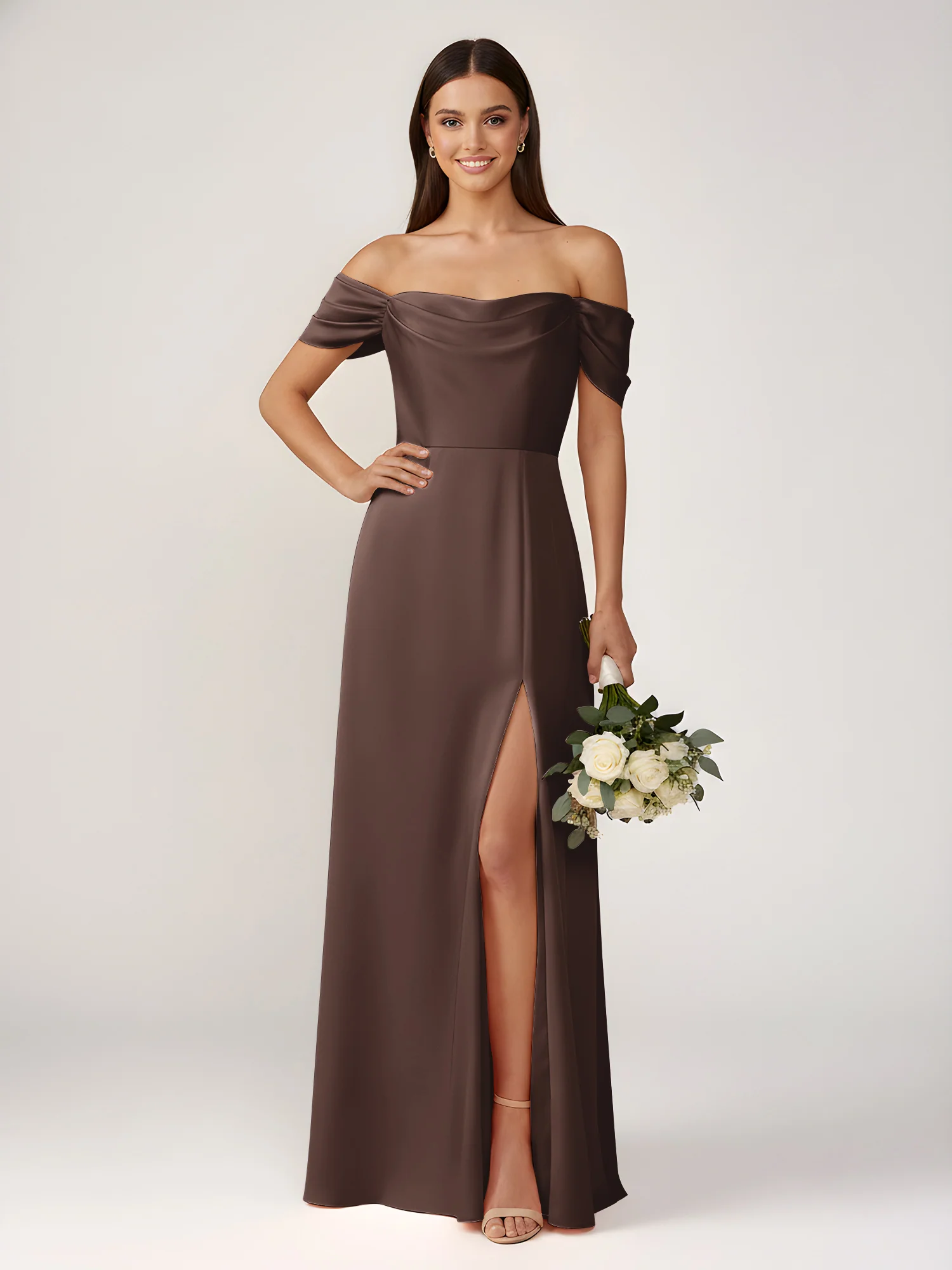Off-The-Shoulder A-Line Floor Length Dresses With Slit Chocolate